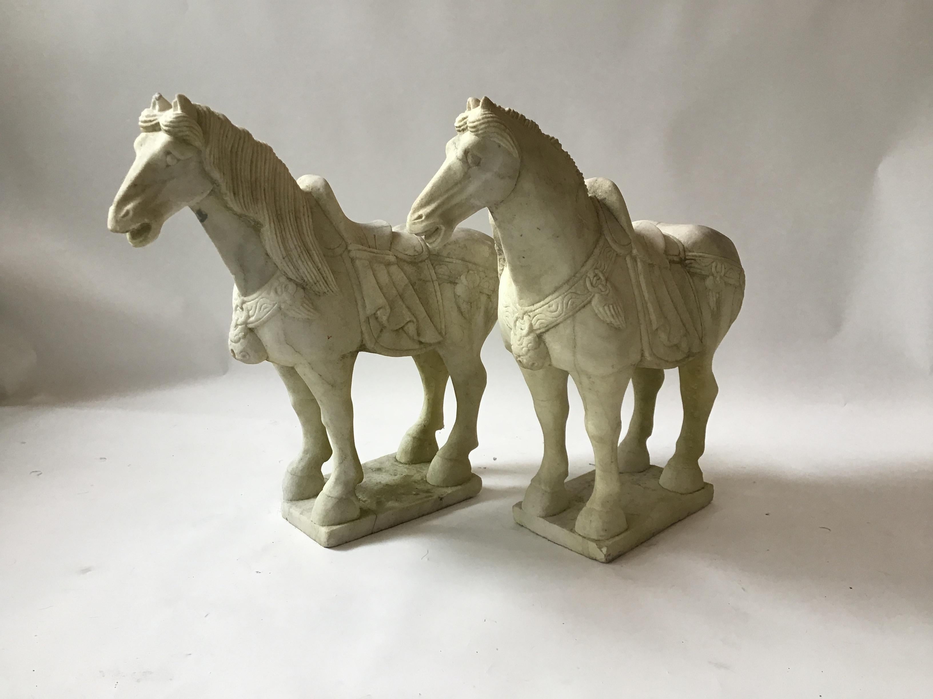 Pair of Carved Marble Asian Horses For Sale 1