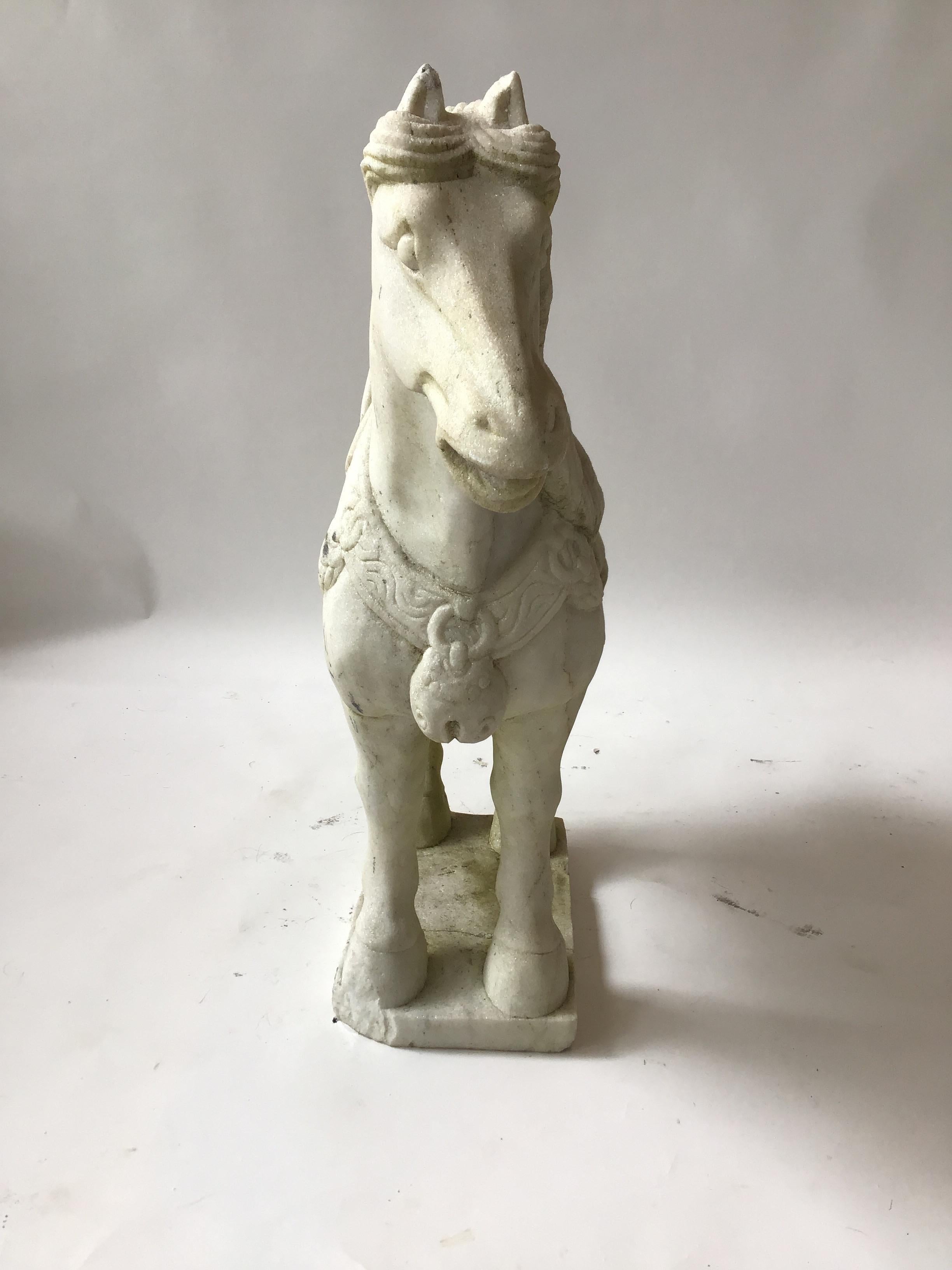 Pair of Carved Marble Asian Horses For Sale 4
