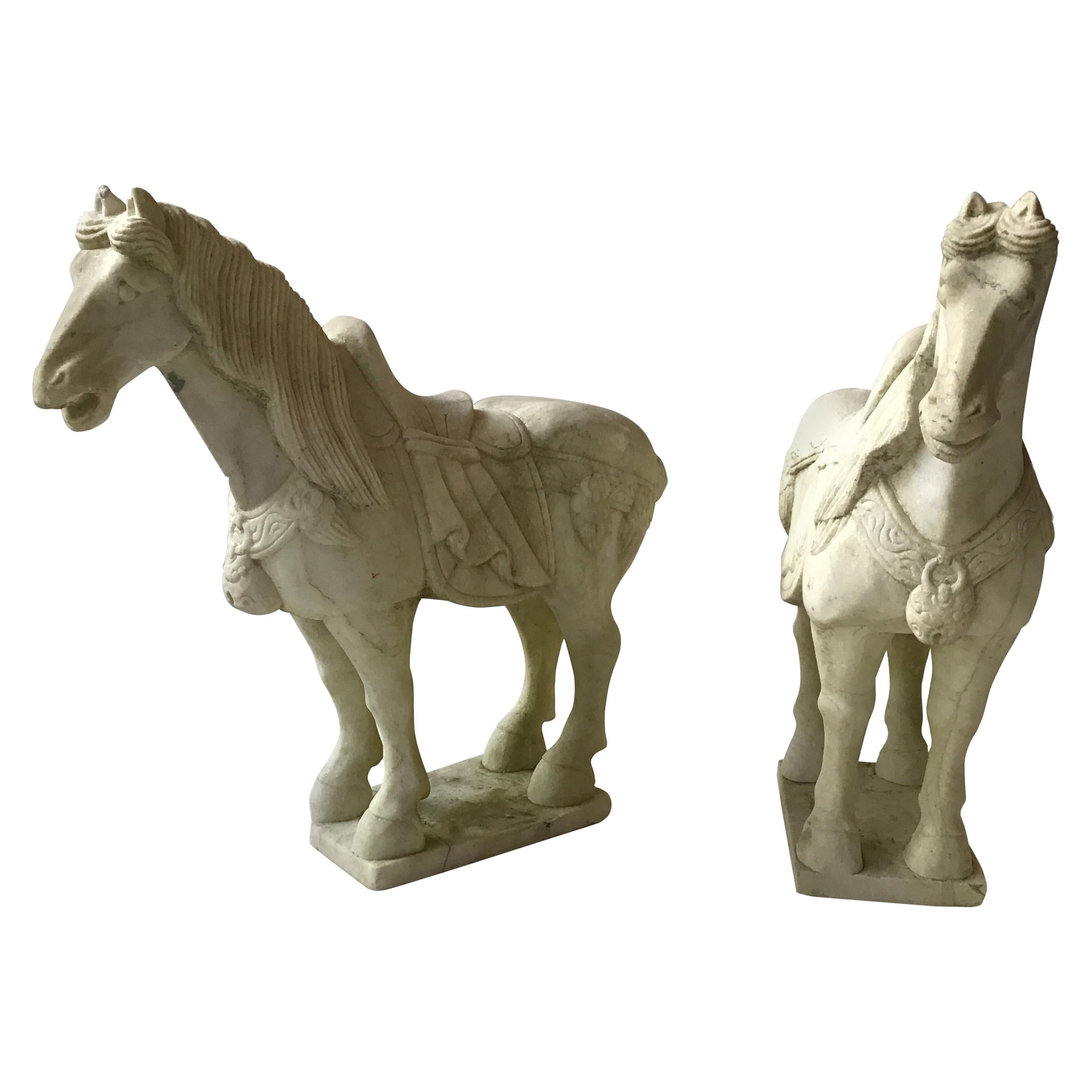 Pair of Carved Marble Asian Horses For Sale