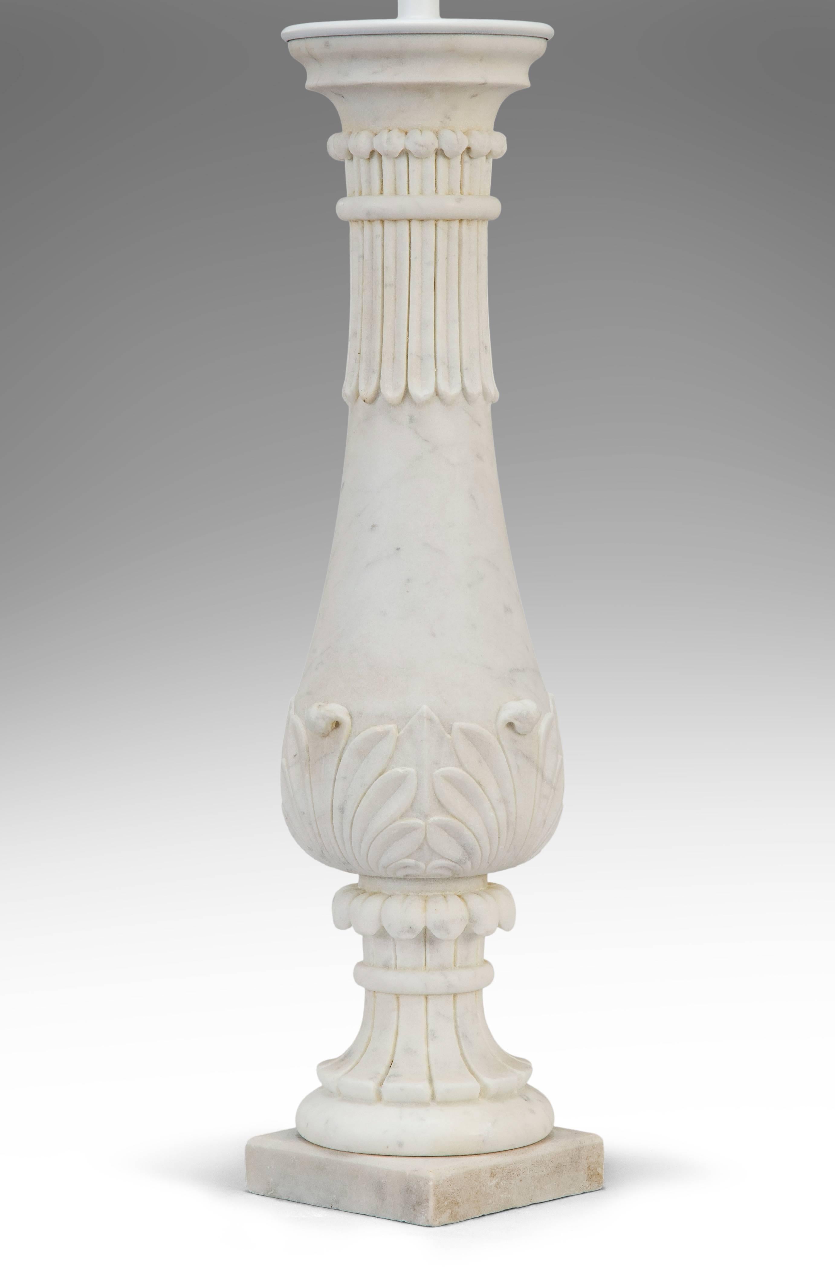 Pair of carved marble baluster lamps
19th century.
A really beautiful pair of gracefully carved marble lamps ready to light up your life.
Another pair of marble lamps available.

 