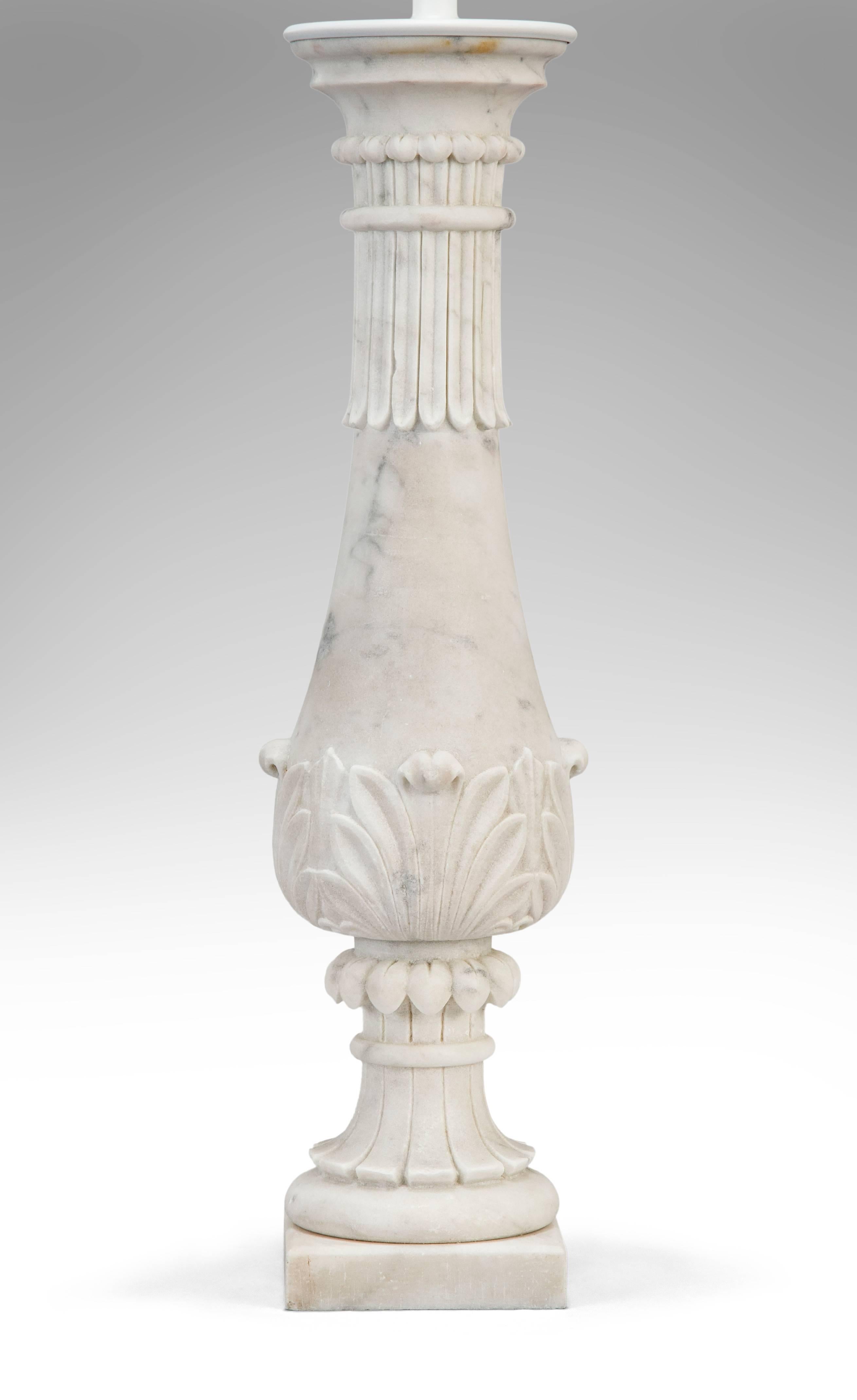 European Pair of Carved Marble Baluster Lamps For Sale