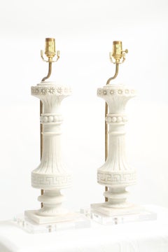 Pair of Carved Marble Baluster Lamps, on Bases of Lucite