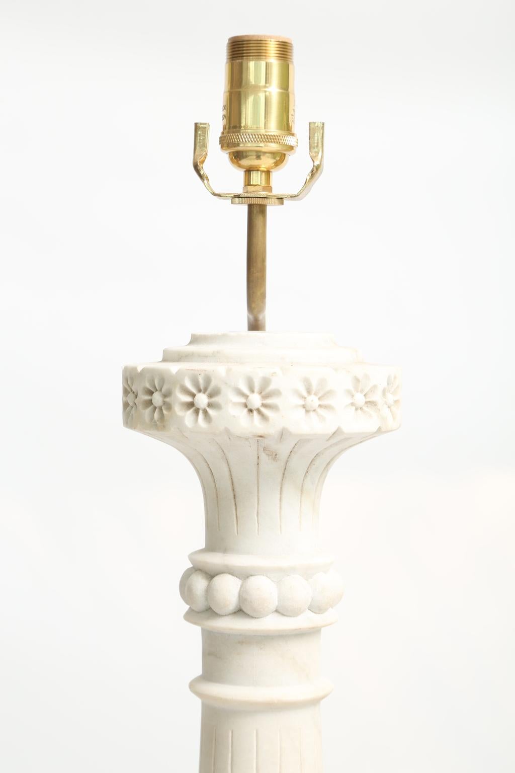 Italian Pair of Carved Marble Baluster Lamps, on Bases of Lucite