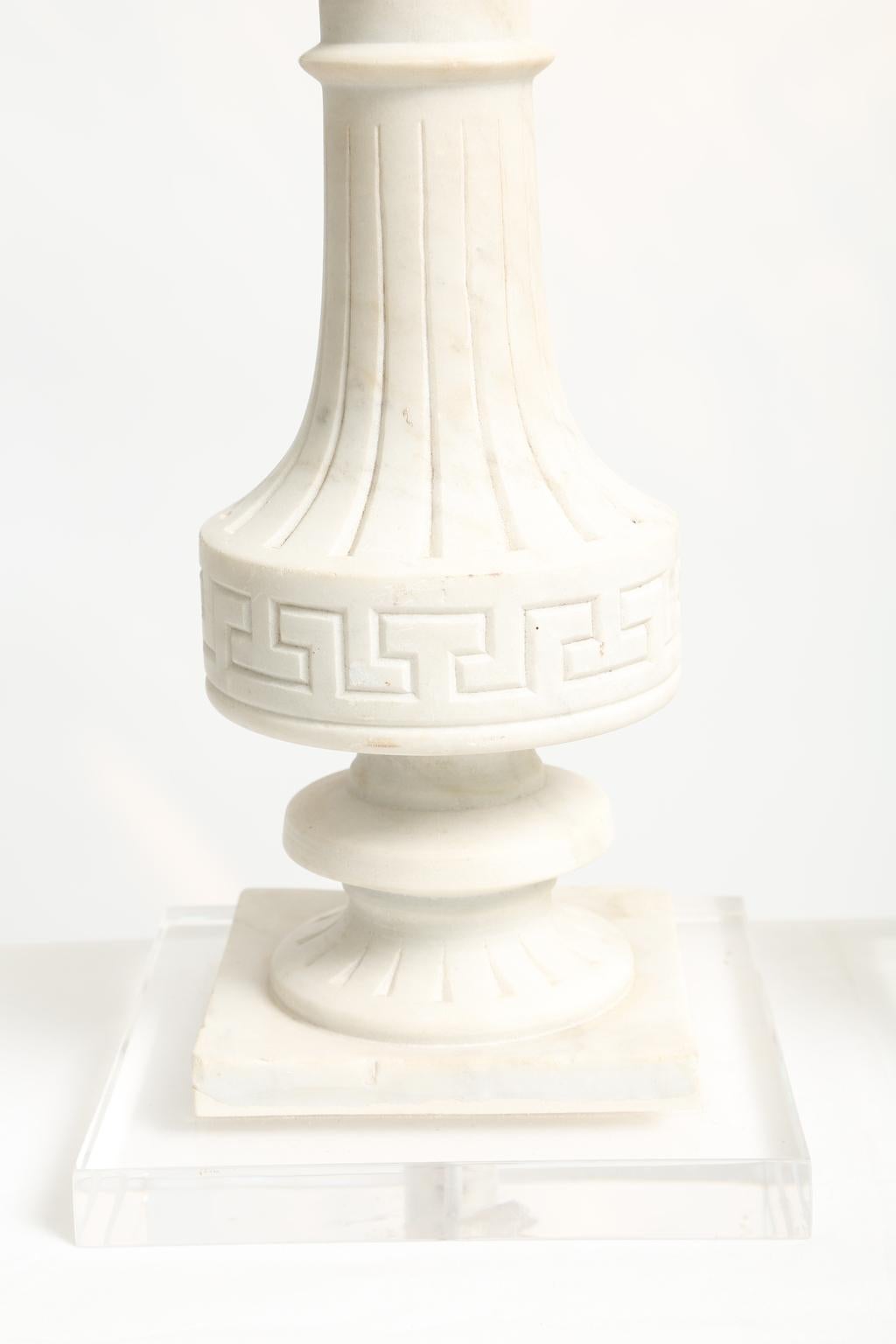 Hand-Carved Pair of Carved Marble Baluster Lamps, on Bases of Lucite