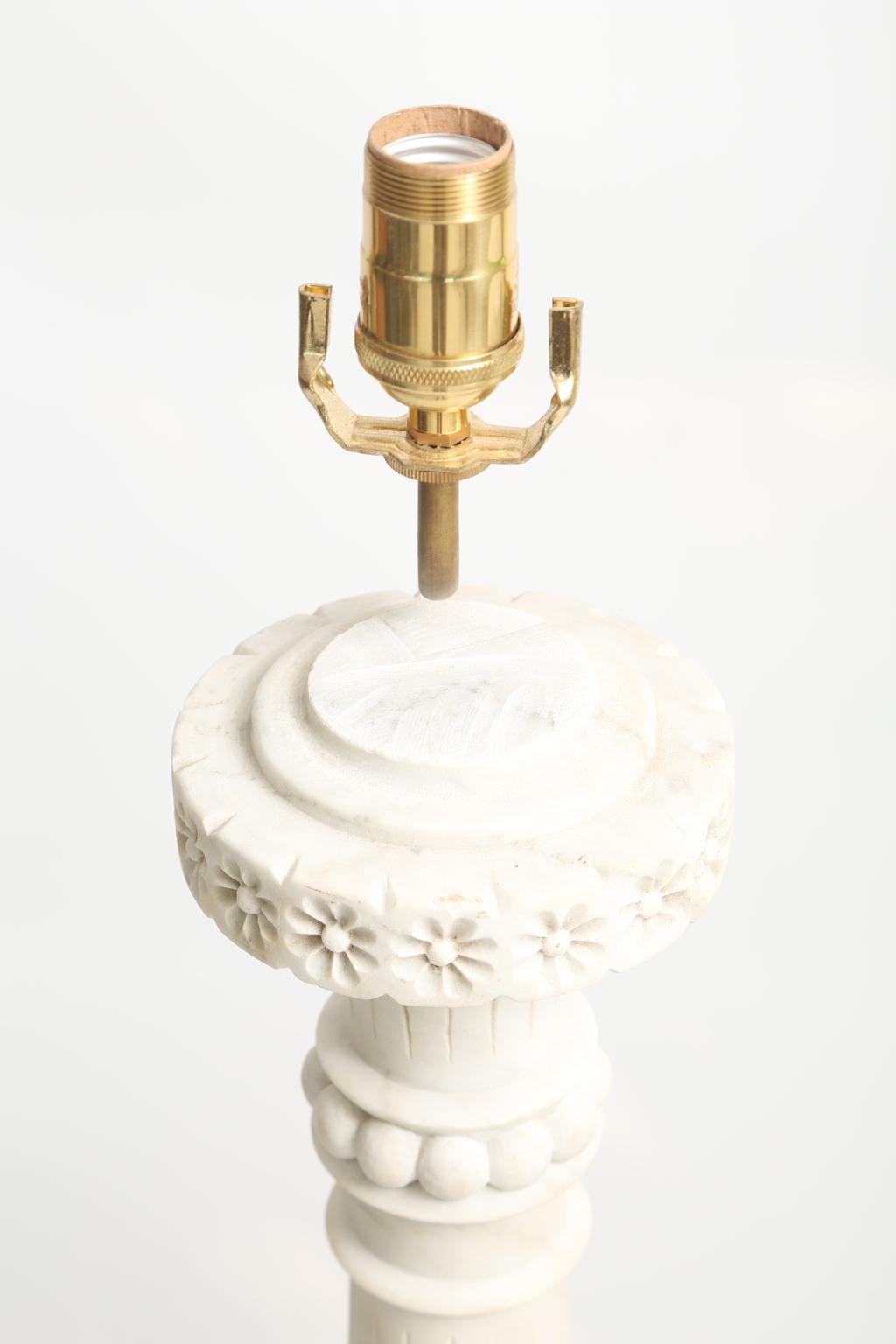 Acrylic Pair of Carved Marble Baluster Lamps, on Bases of Lucite