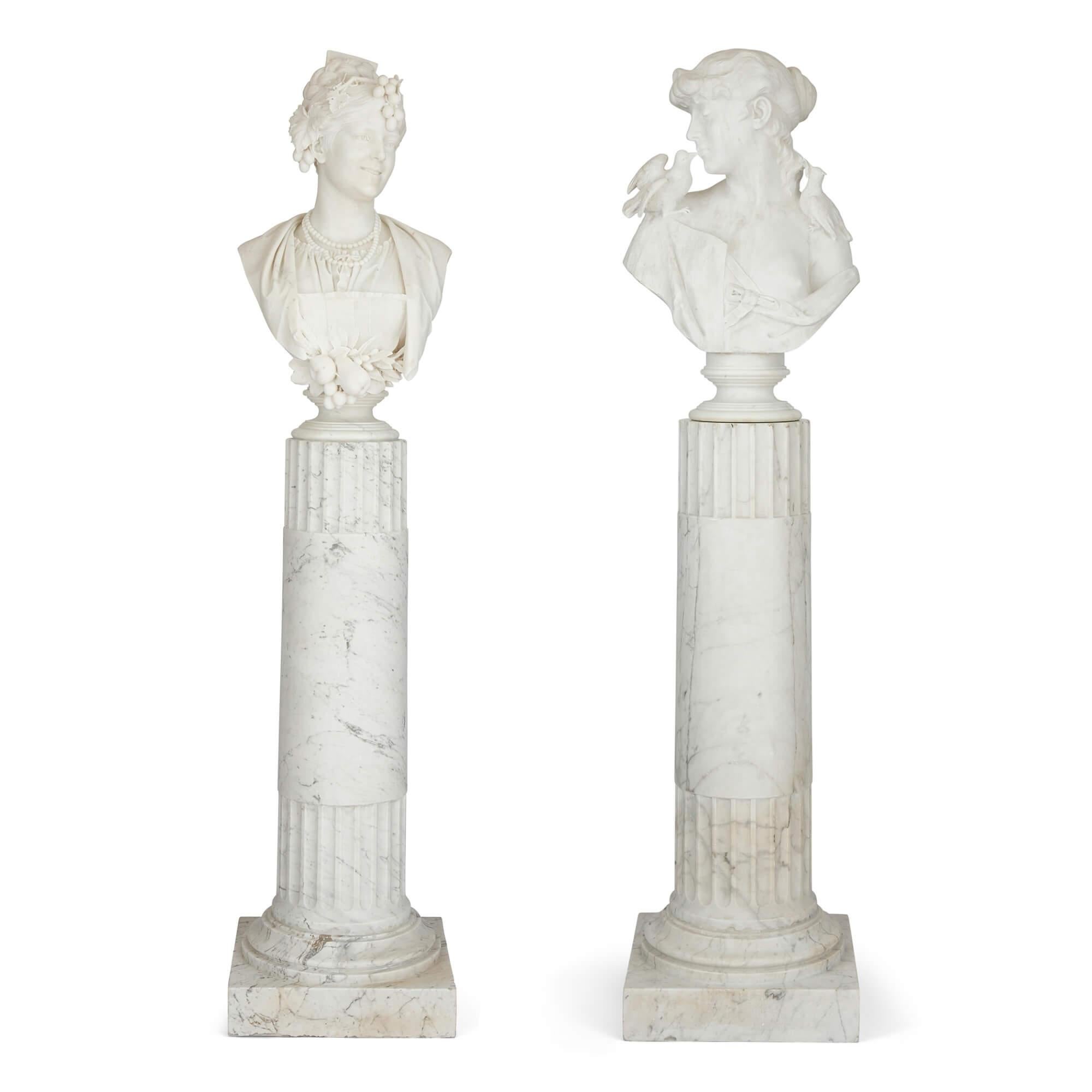 Pair of carved marble busts on stands by Italian sculptor Arnaldo Fazzi
Italian, 1889
Measures: Bust with fruit: Height 74cm, width 45cm, depth 35cm
Bust with birds: Height 69cm, width 45cm, depth 22cm
Pedestals: Height 117cm, width 45cm, depth