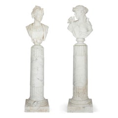 Pair of Carved Marble Busts on Stands by Italian Sculptor Arnaldo Fazzi