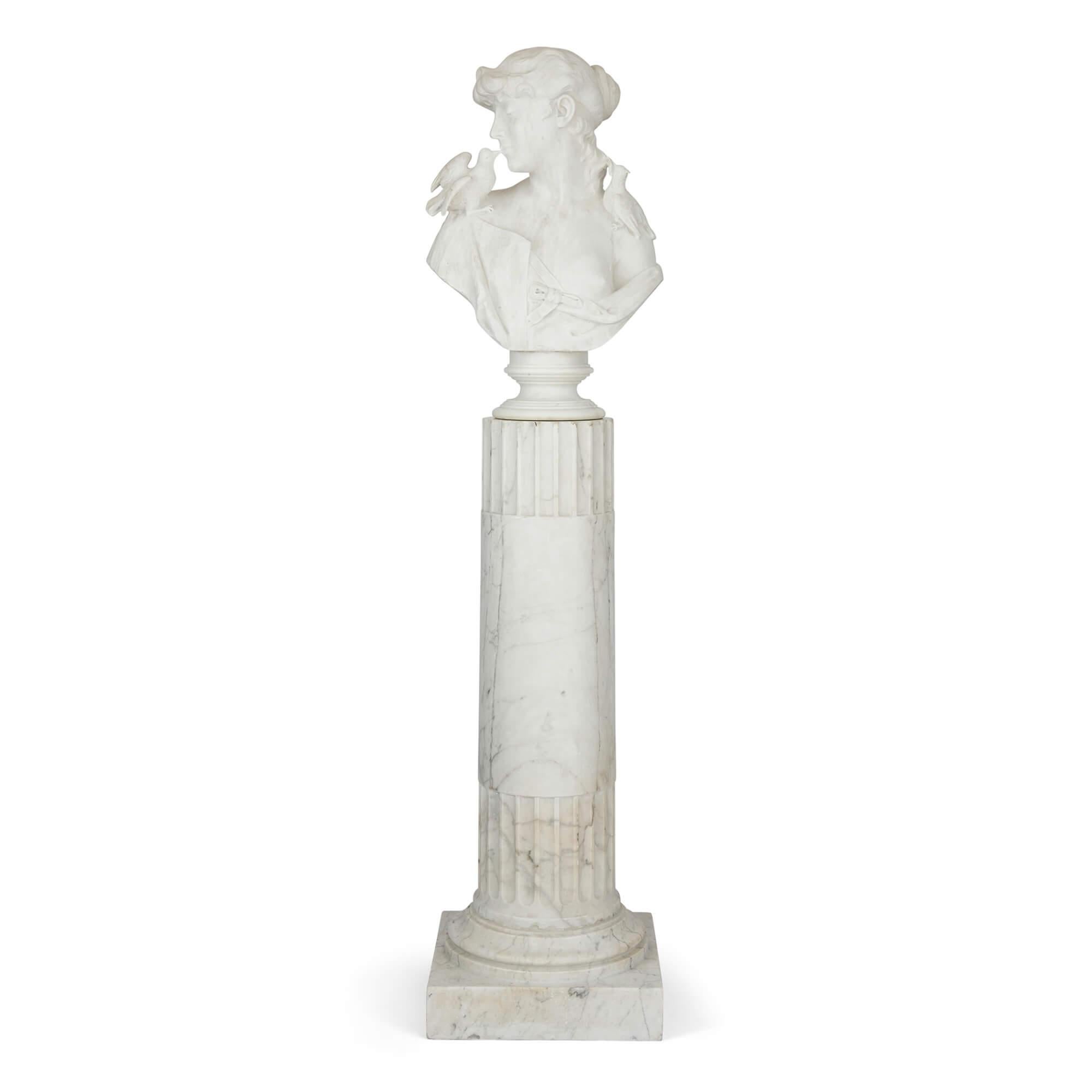 19th Century Pair of Carved Marble Busts on Stands by Italian Sculptor Arnaldo Fazzi For Sale
