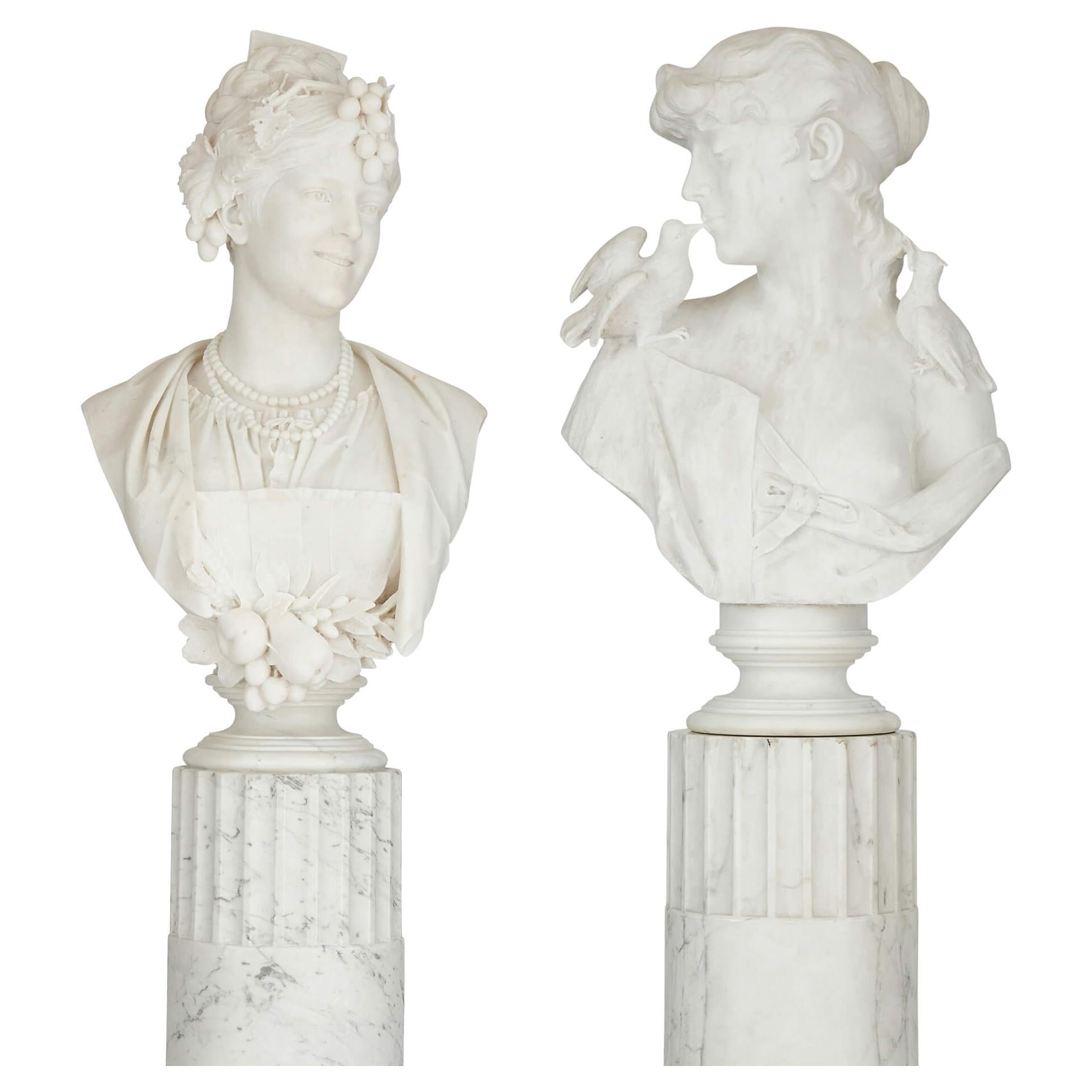 Pair of Carved Marble Busts on Stands by Italian Sculptor Arnaldo Fazzi For Sale