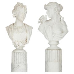 Pair of Carved Marble Busts on Stands by Italian Sculptor Arnaldo Fazzi
