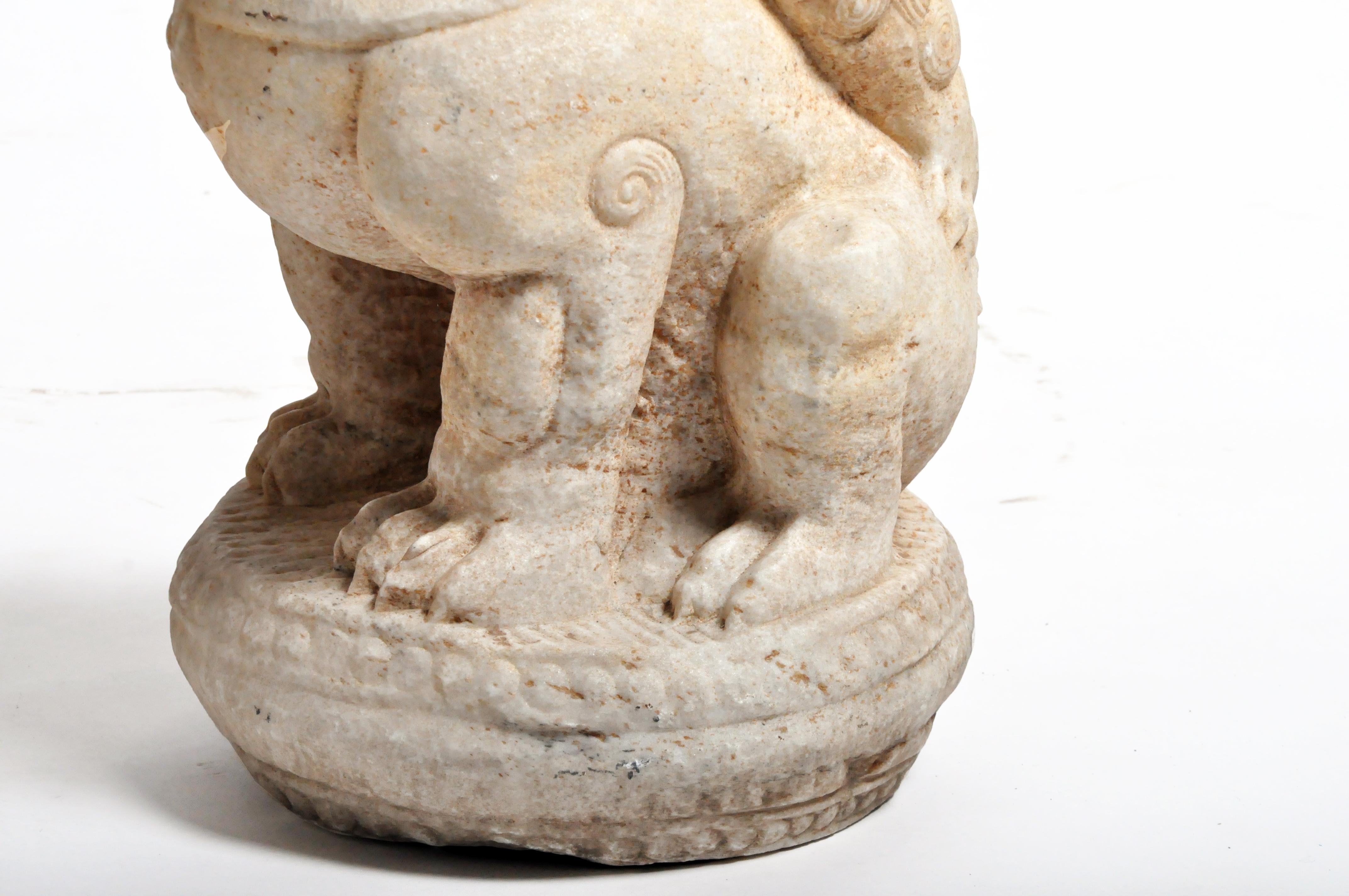 Pair of Carved Marble Fu Dogs on Pedestals 7
