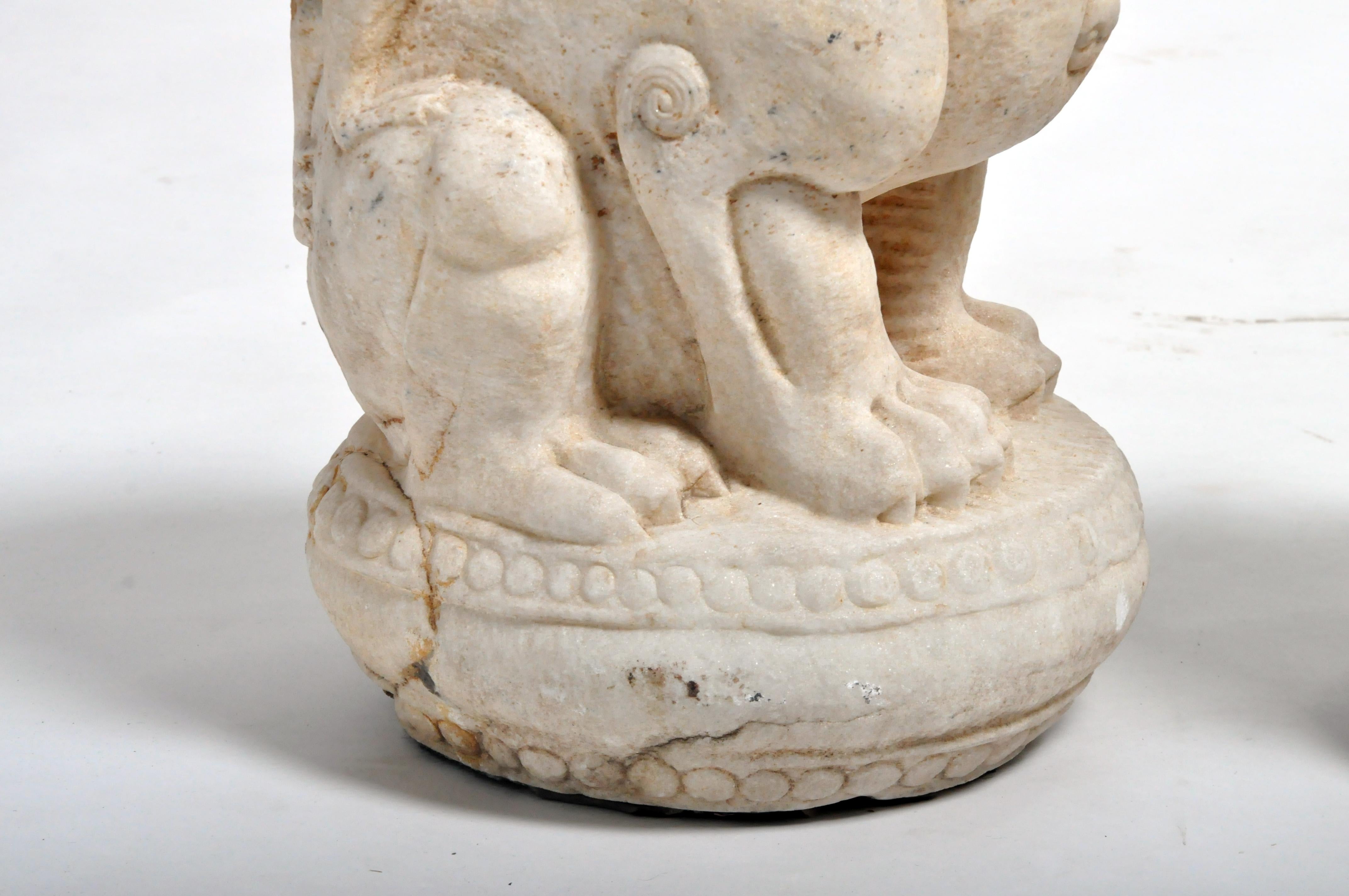 Pair of Carved Marble Fu Dogs on Pedestals 8