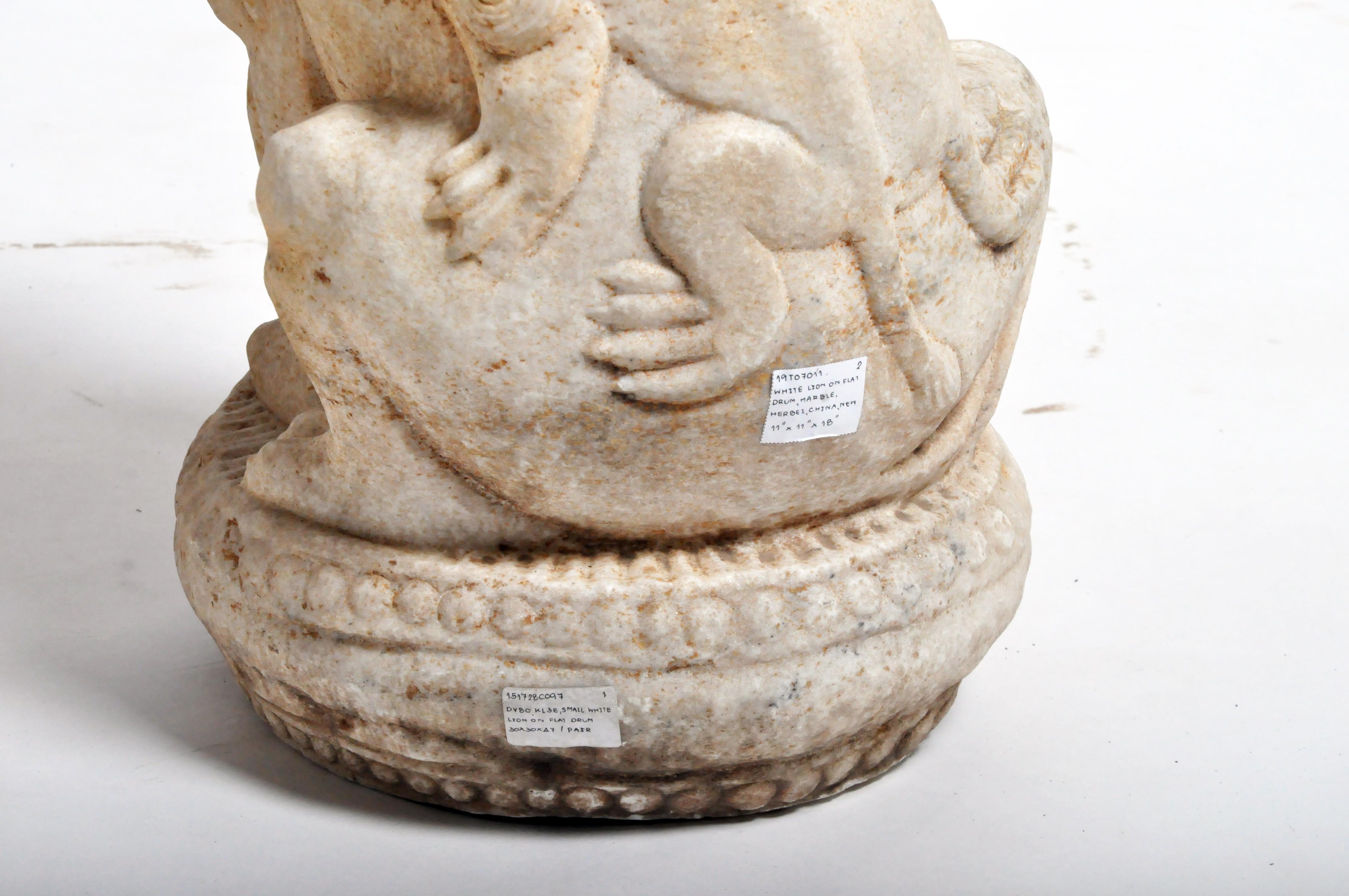 Pair of Carved Marble Fu Dogs on Pedestals 11