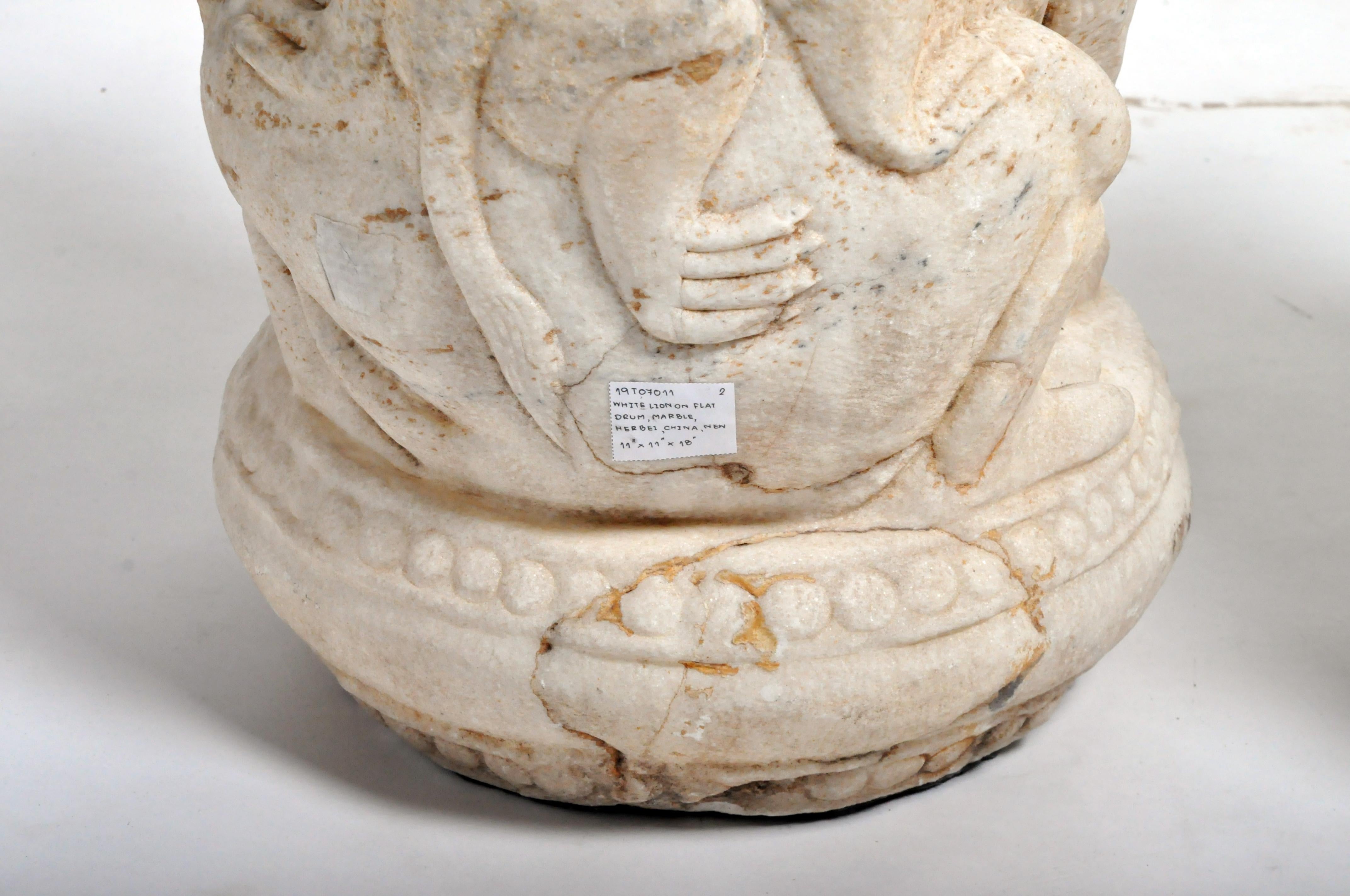 Pair of Carved Marble Fu Dogs on Pedestals 14