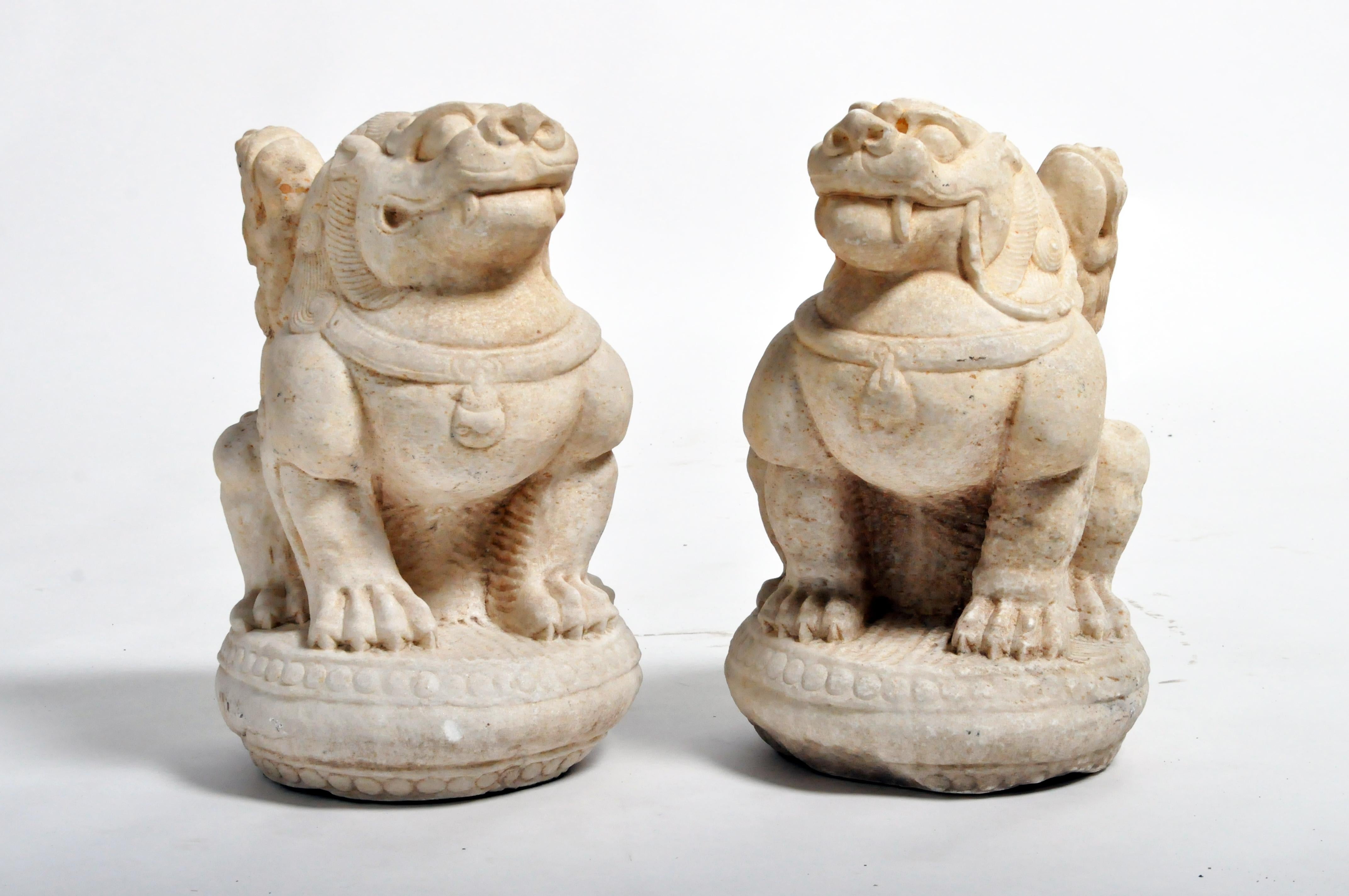 Pair of Carved Marble Fu Dogs on Pedestals 15