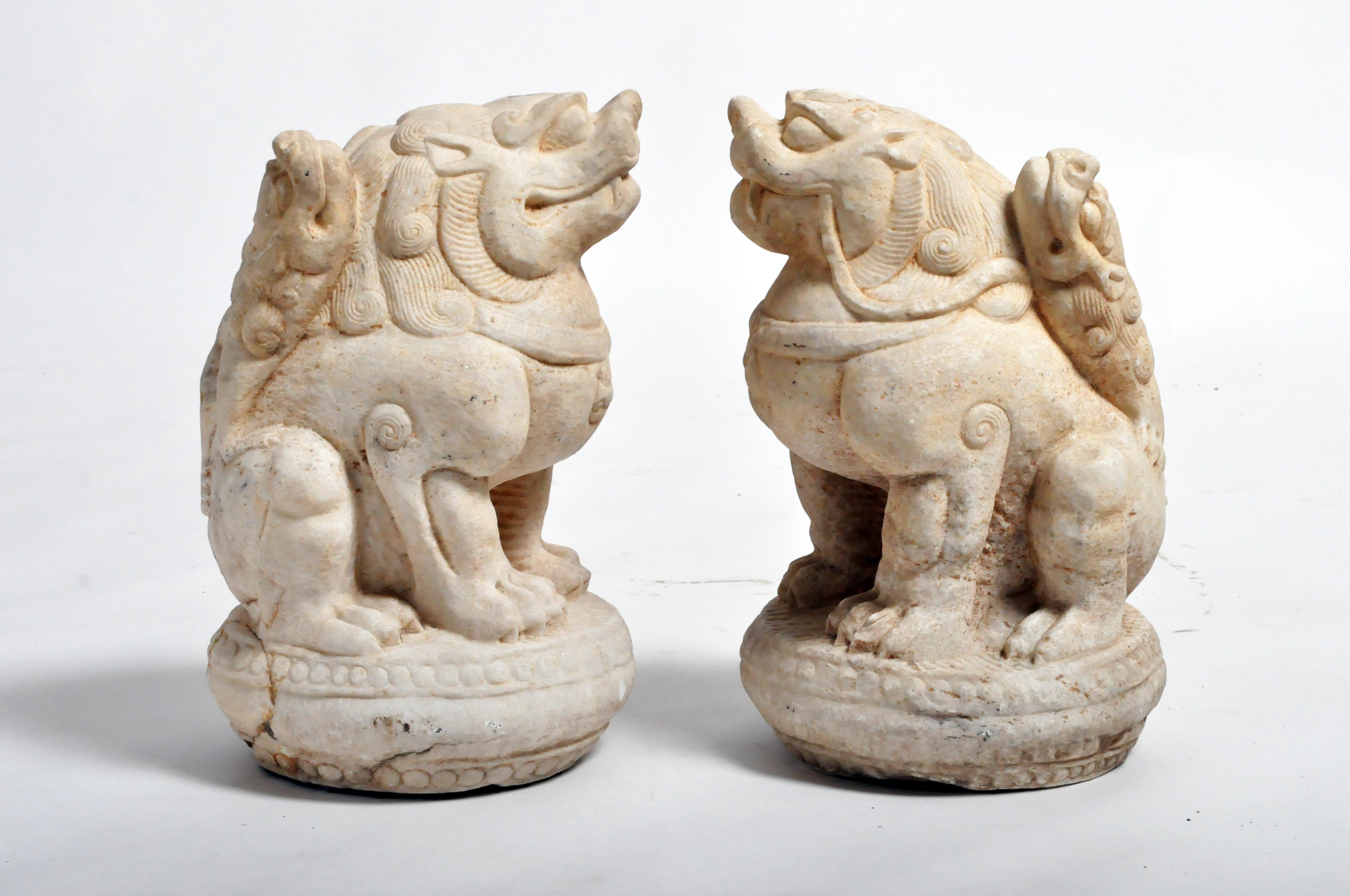 Chinese Pair of Carved Marble Fu Dogs on Pedestals