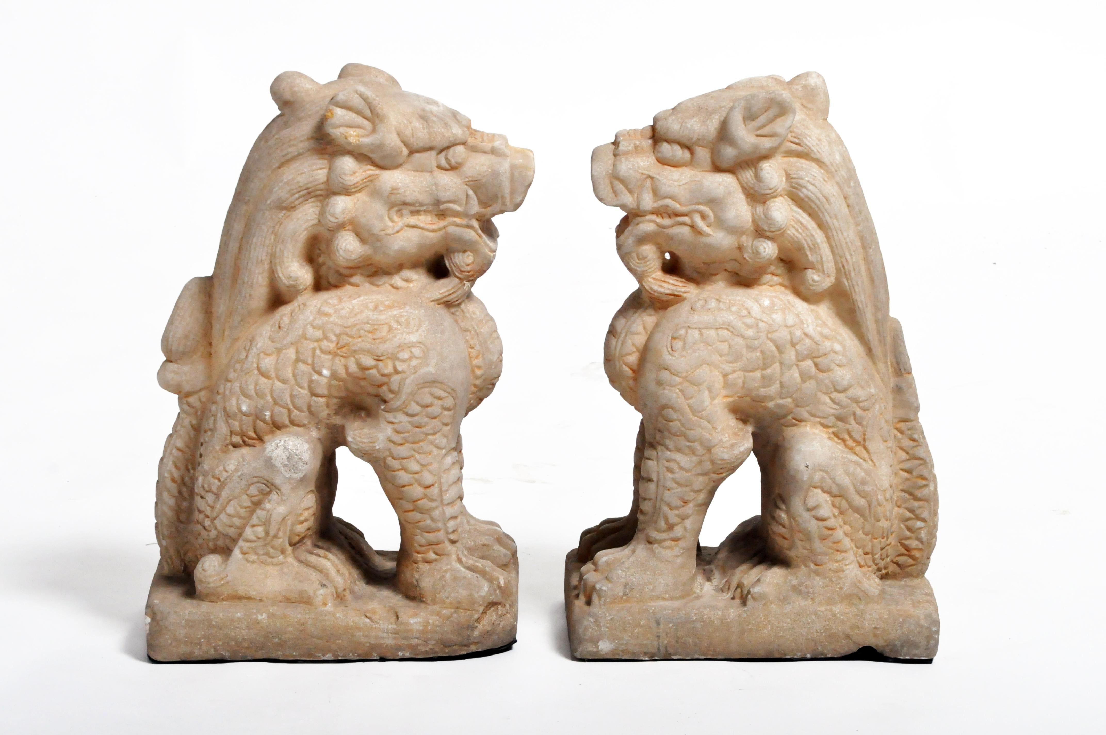 Pair of Carved Marble Qilins on Pedestal 9