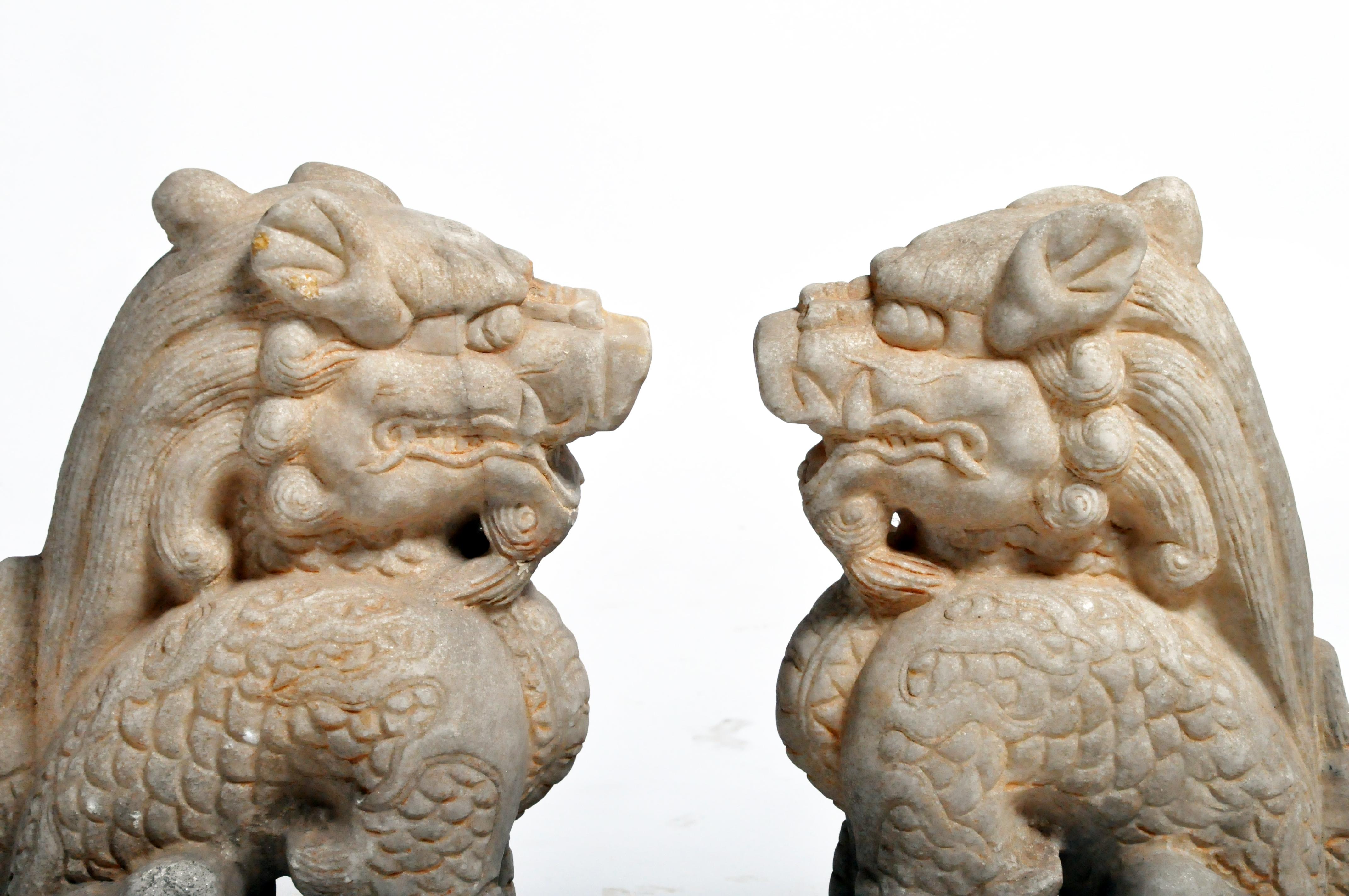 Pair of Carved Marble Qilins on Pedestal 10