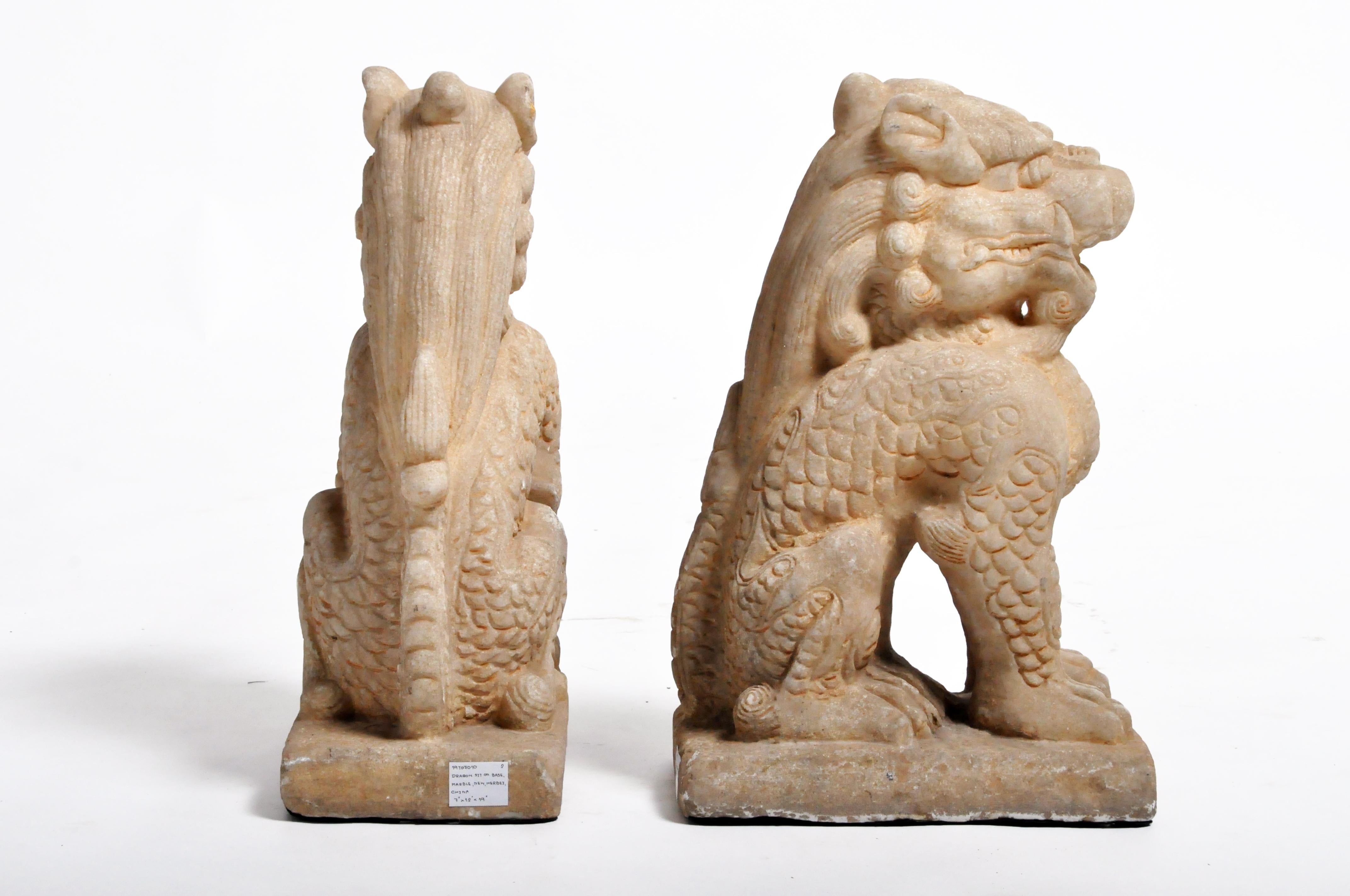 Pair of Carved Marble Qilins on Pedestal 15