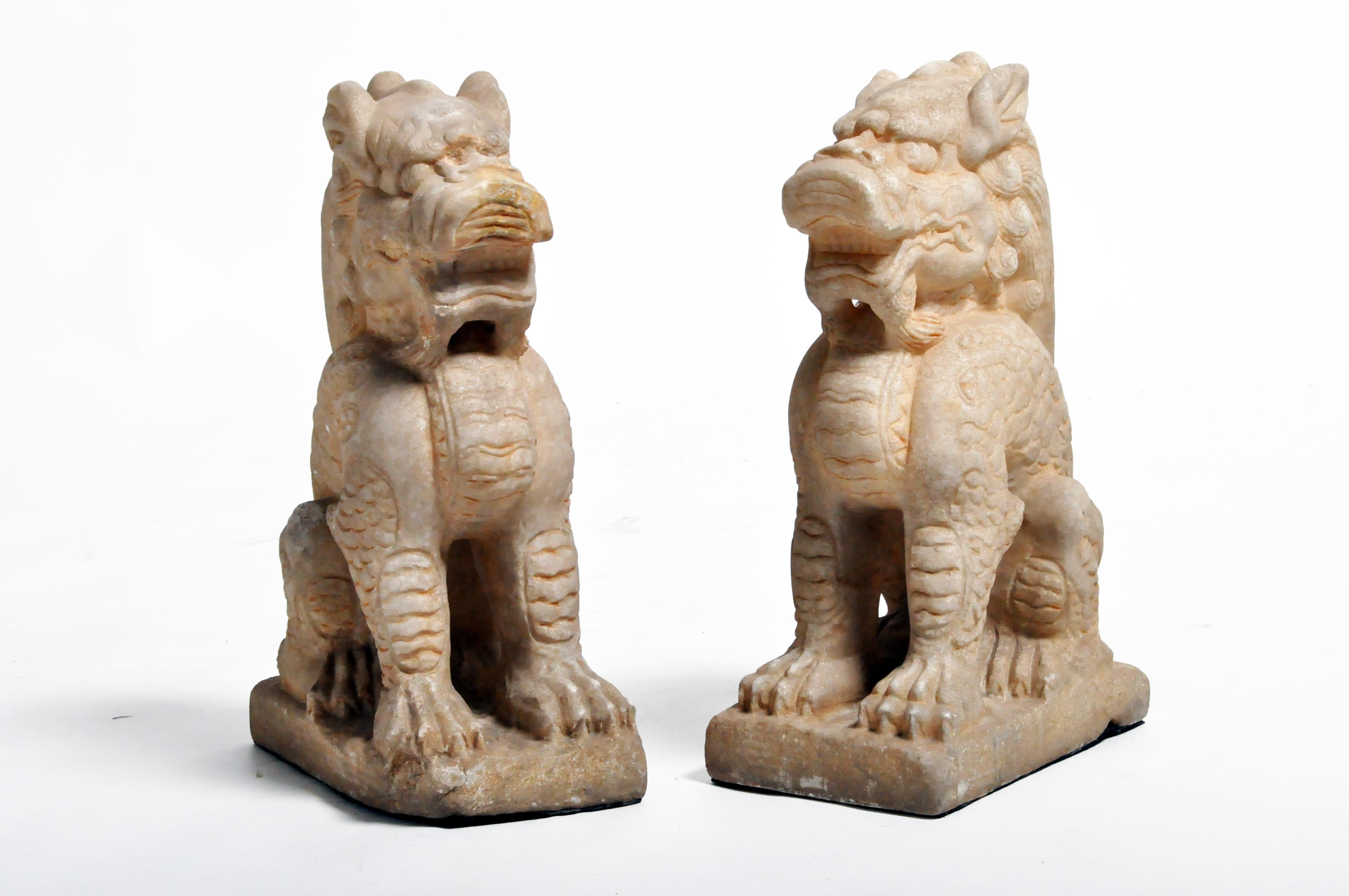 Chinese Pair of Carved Marble Qilins on Pedestal