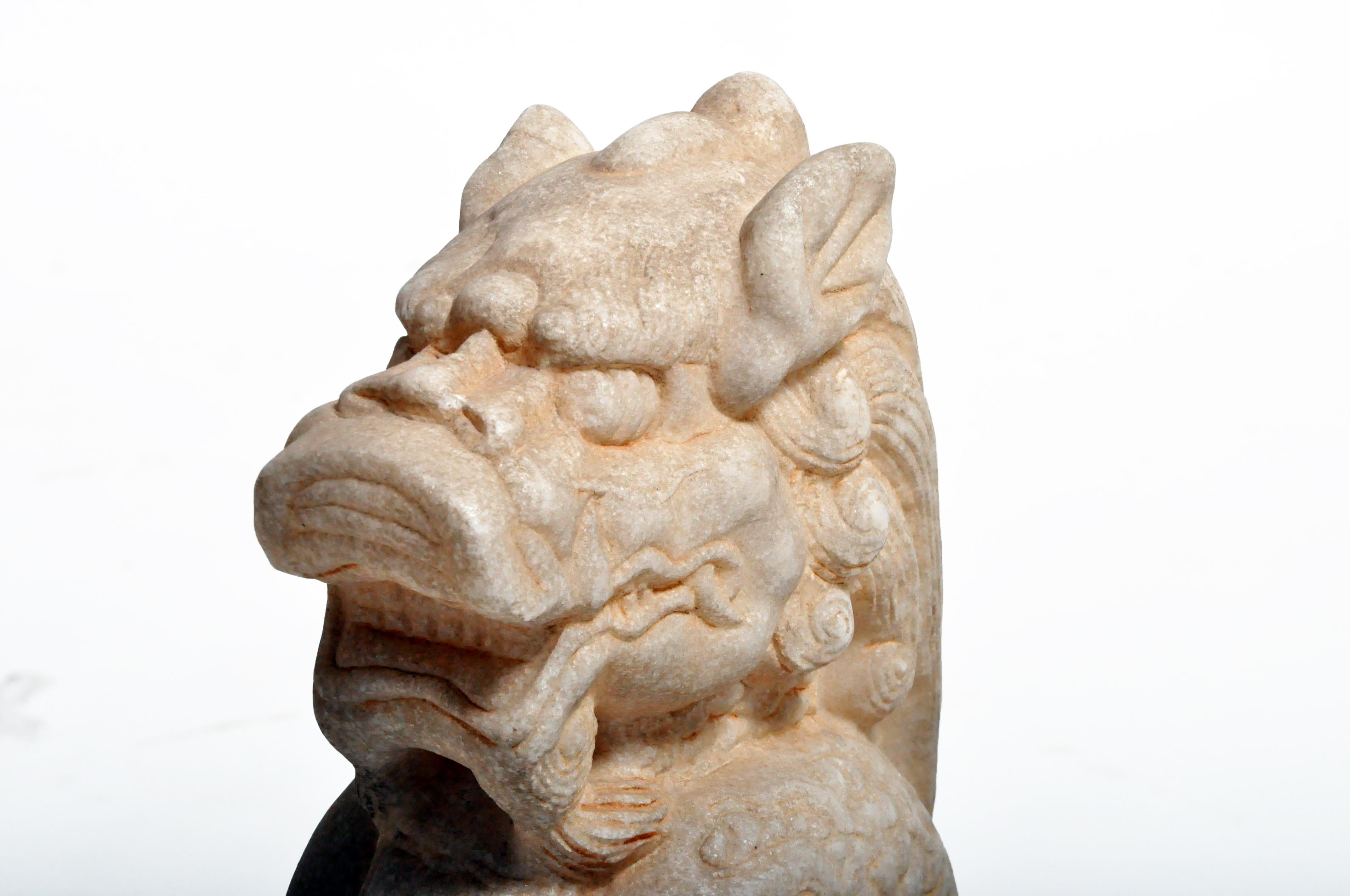 Pair of Carved Marble Qilins on Pedestal 3