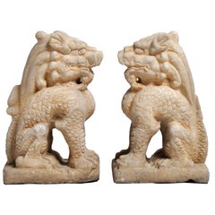 Pair of Carved Marble Qilins on Pedestal