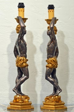 Pair of Carved Midcentury Italian Table Lamps in the Form of Male Orientals