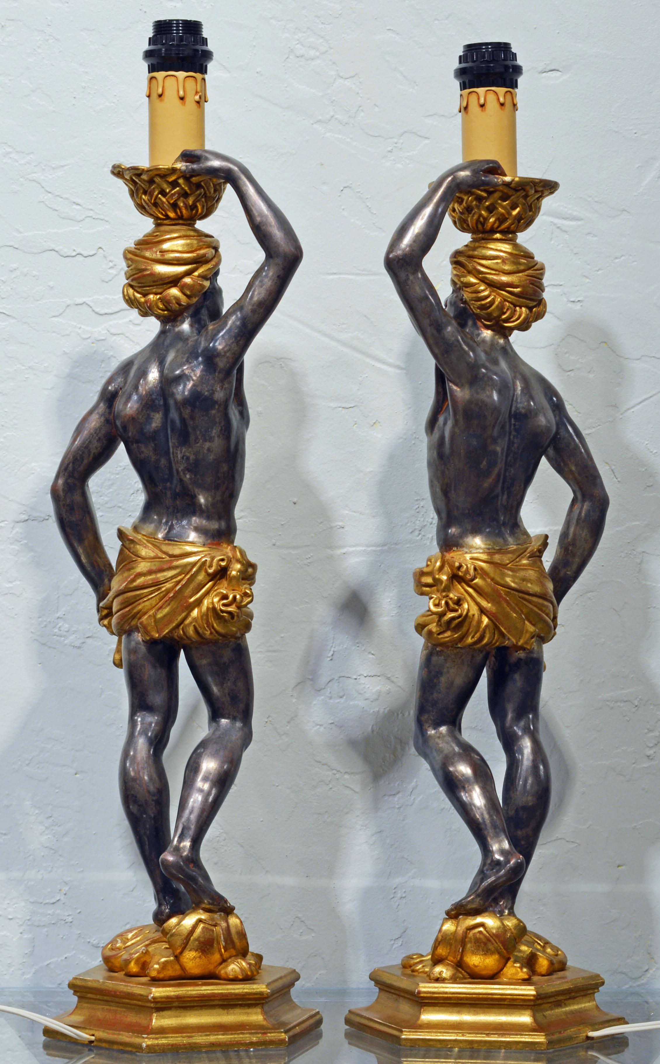 Baroque Pair of Carved Midcentury Italian Table Lamps in the Form of Male Orientals