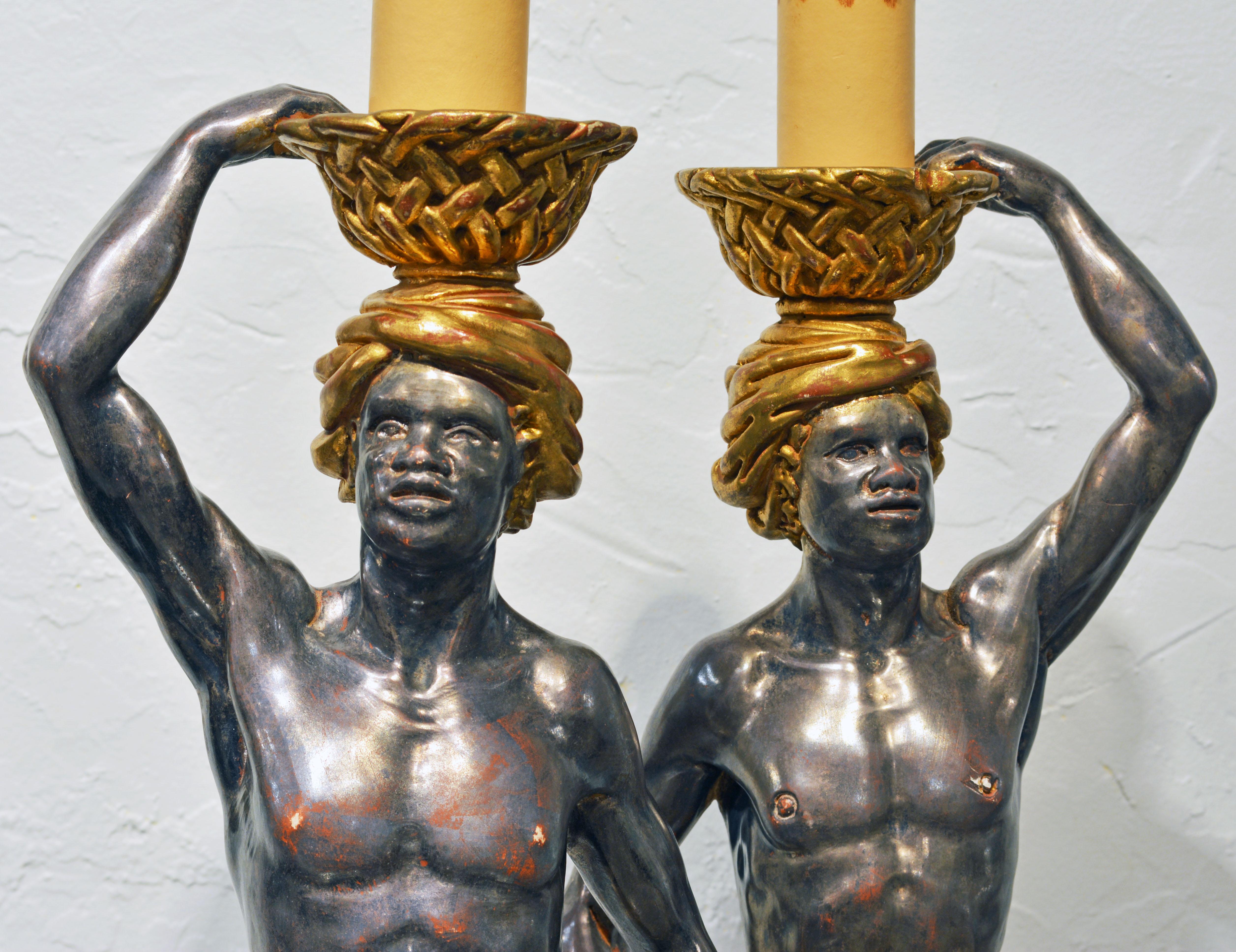 Gilt Pair of Carved Midcentury Italian Table Lamps in the Form of Male Orientals