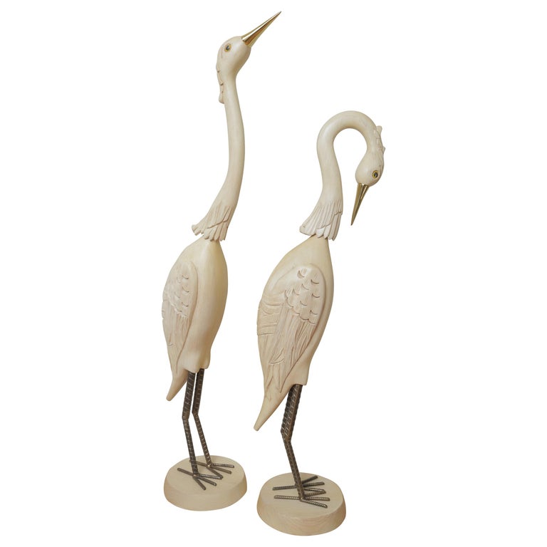 Pair of Carved Midcentury Wood Cranes For Sale at 1stdibs