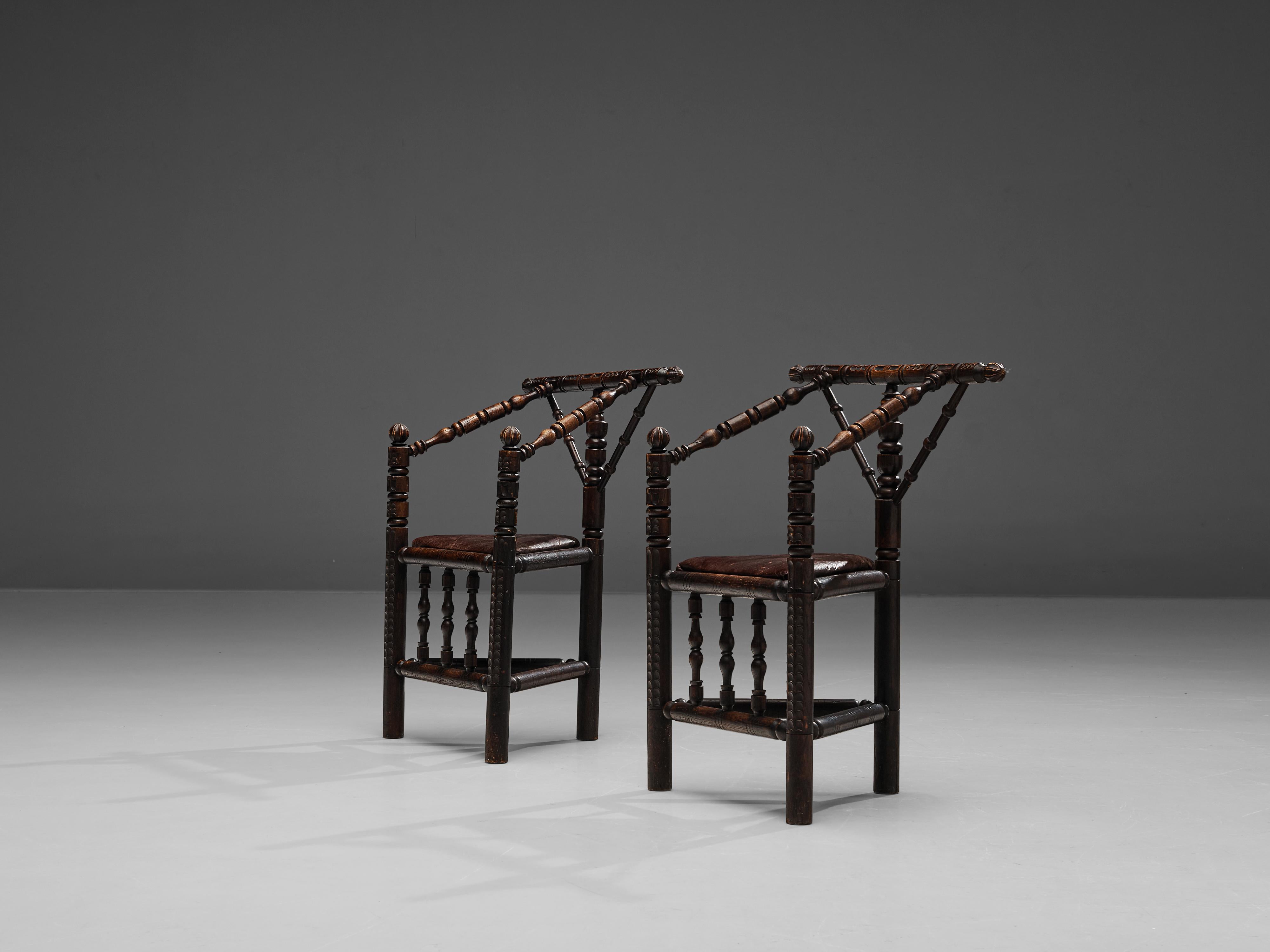 Pair of Carved Swedish Monk Chairs in Solid Oak For Sale 1