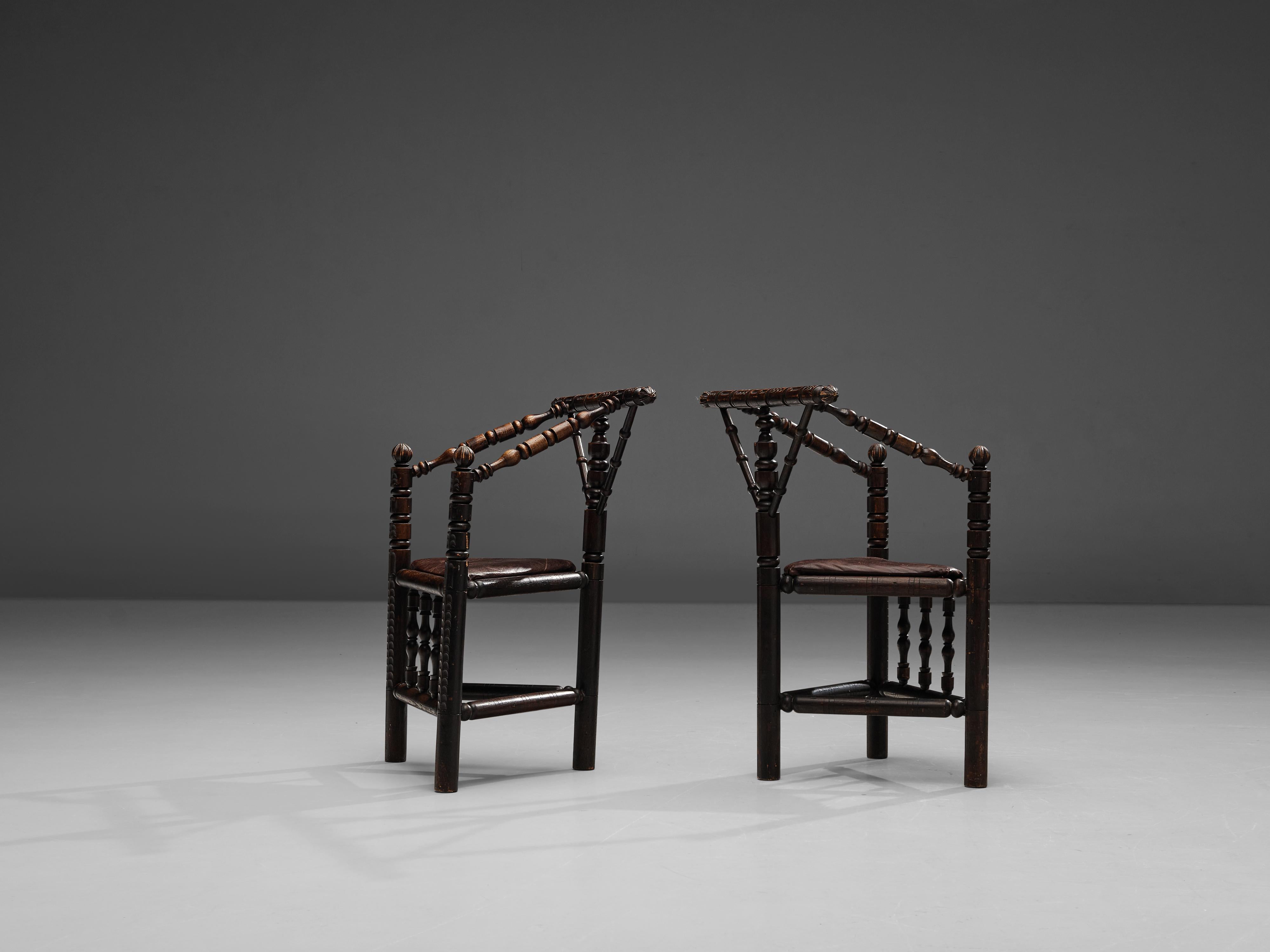 Pair of Carved Swedish Monk Chairs in Solid Oak For Sale 3