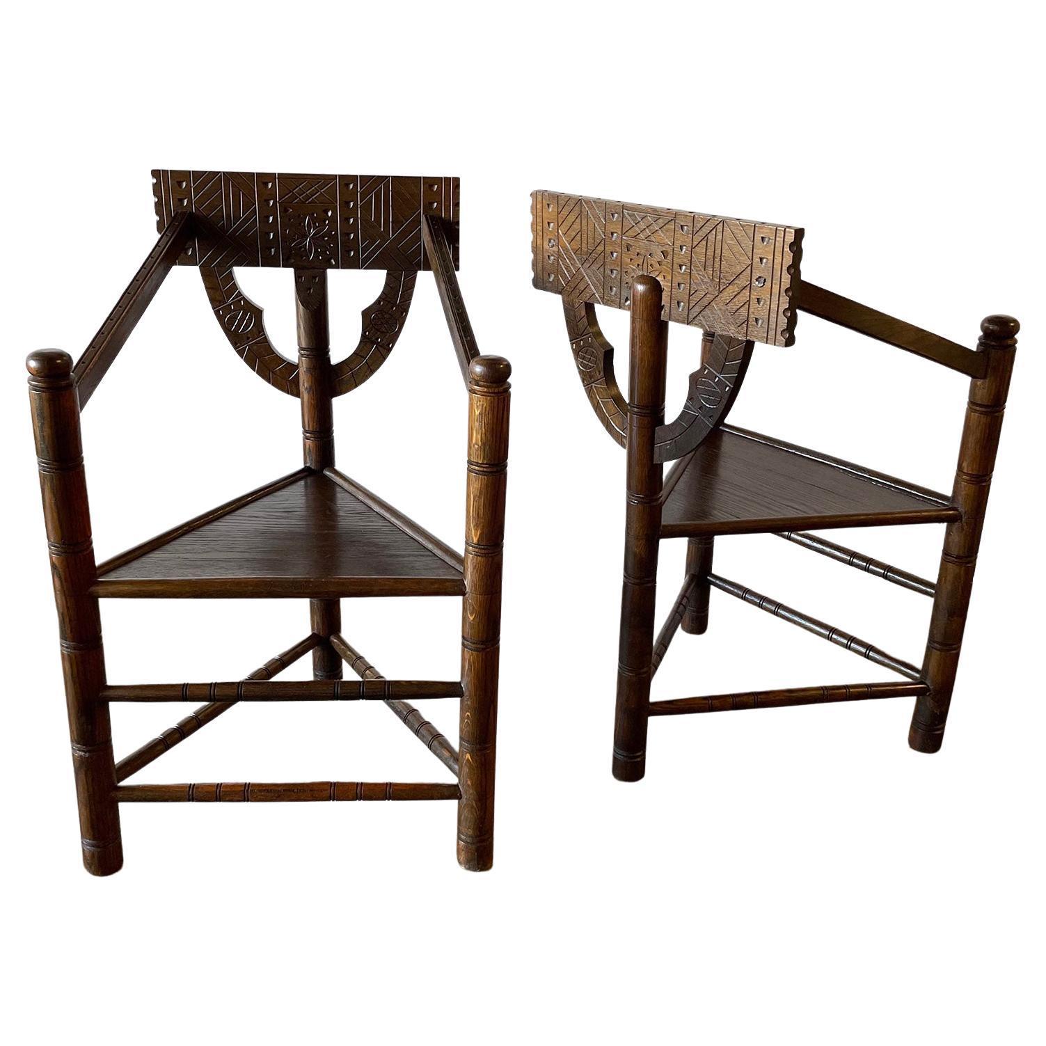 Pair of Carved Nordic Oak Corner Chairs  For Sale