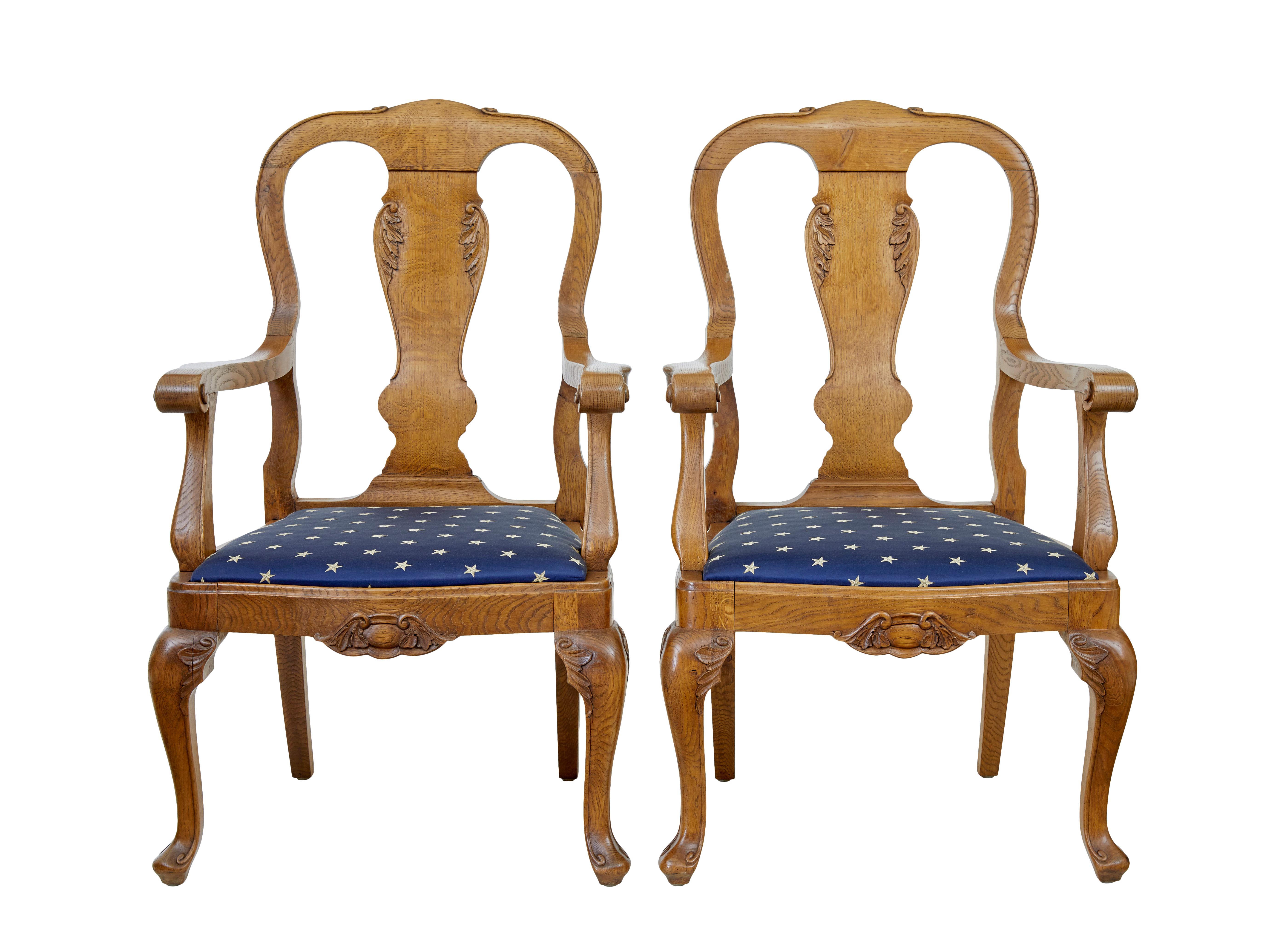 Pair of carved oak 19th century armchairs circa 1890.

Good quality pair of chairs very much in the taste of chippendale.  Typical shaped back rest with carved detailing.  Scrolled arms and supports, further carving to the front rail.  Standing on