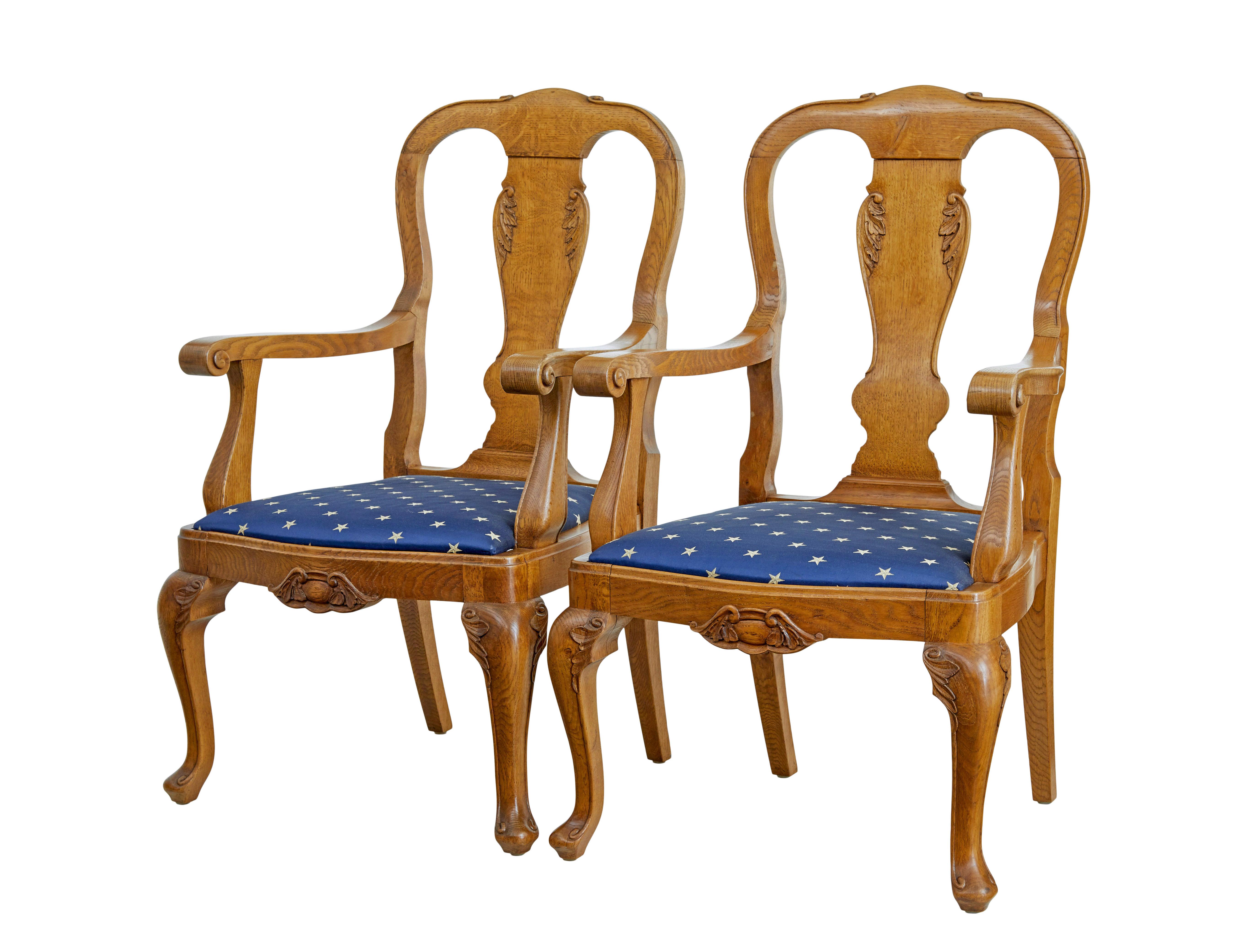 Pair of carved oak 19th century armchairs circa 1890.

Good quality pair of chairs very much in the taste of chippendale.  Typical shaped back rest with carved detailing.  Scrolled arms and supports, further carving to the front rail.  Standing on