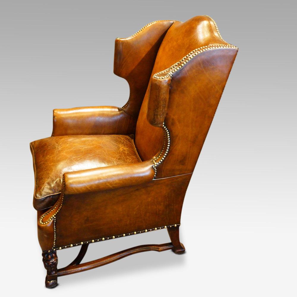 Pair of Carved Oak and Leather Wing Chairs 5