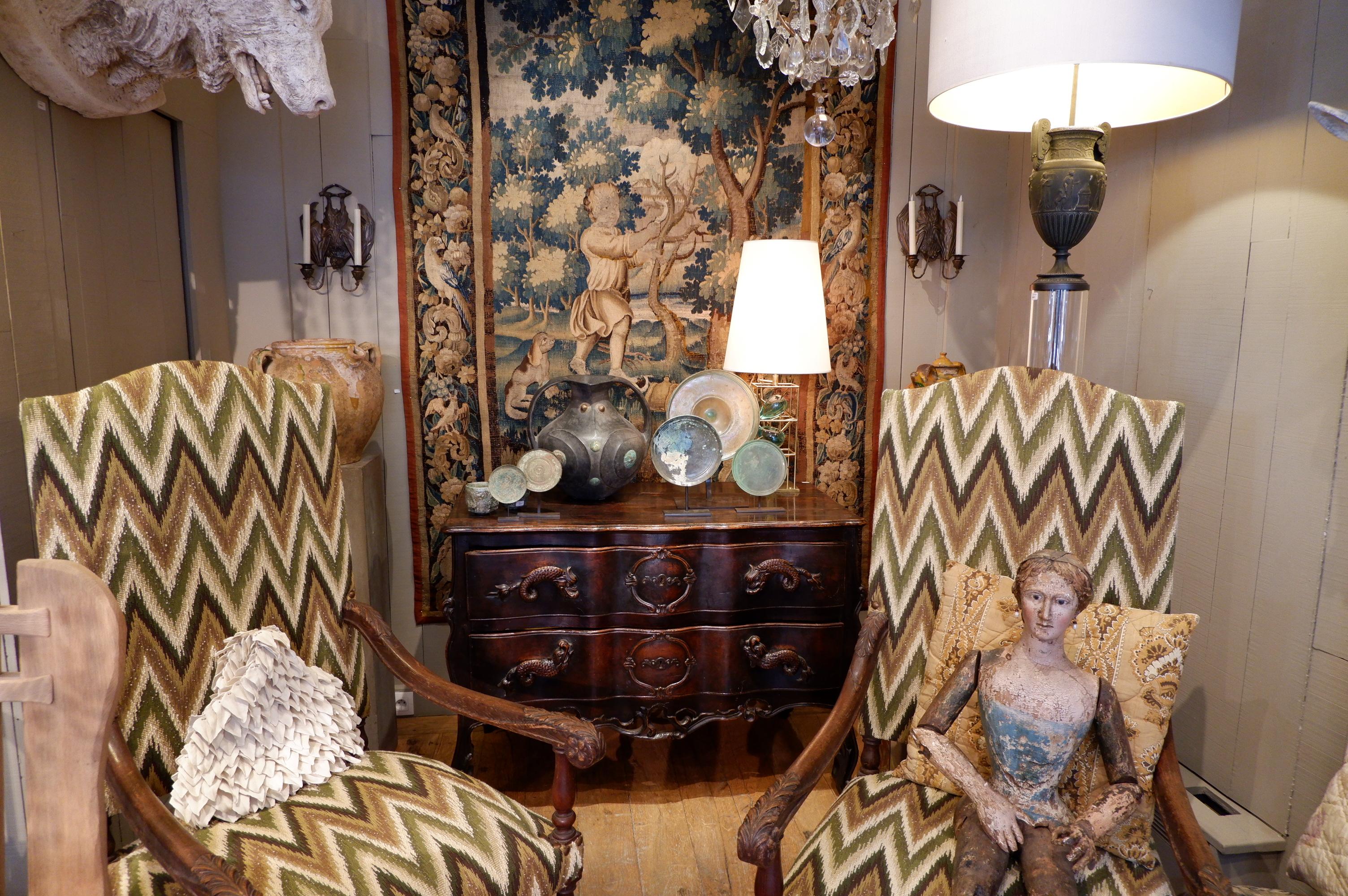 Oak Pair of carved oak armchairs with scrolls and flamed fabric For Sale