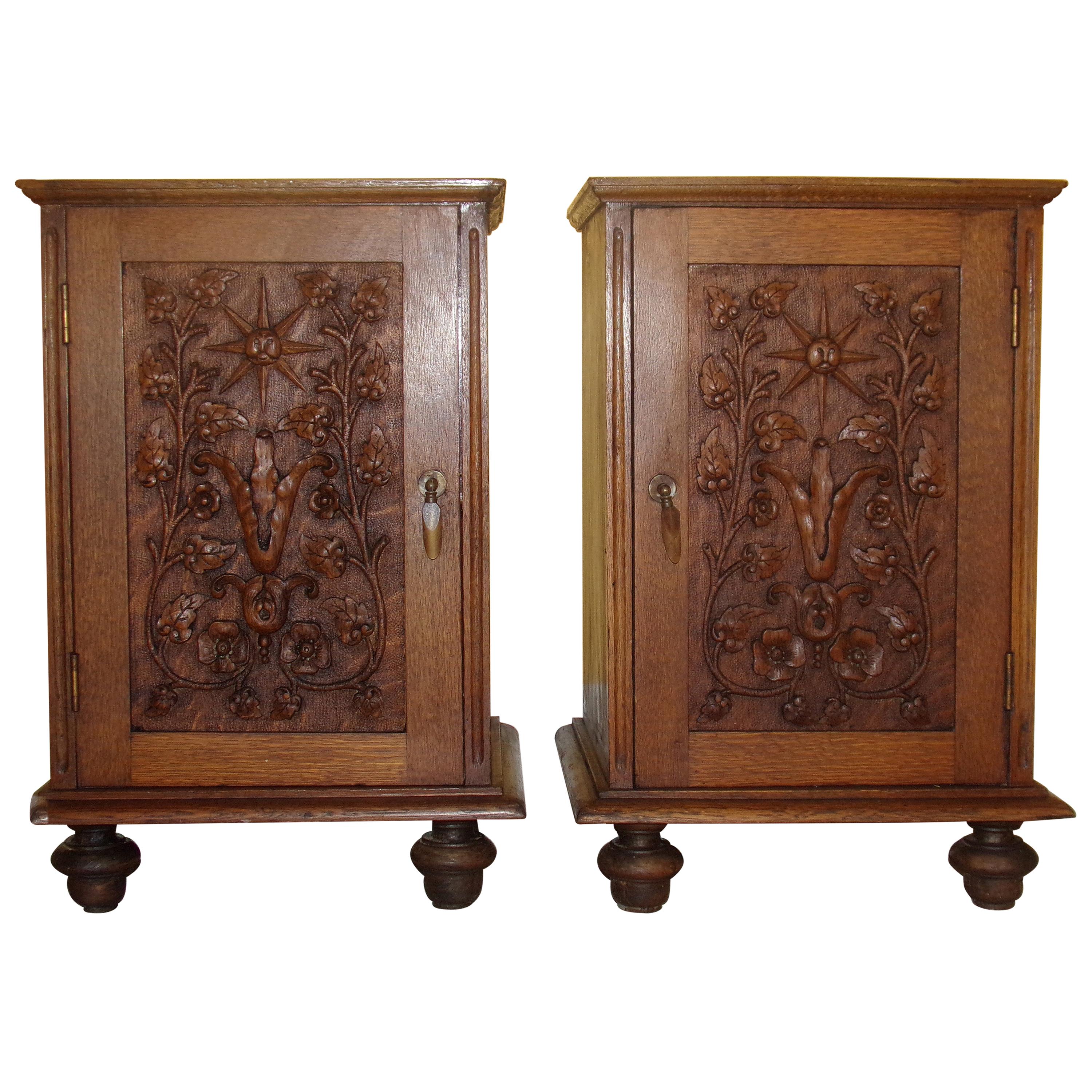 Pair of Carved Oak Bedside Cabinets For Sale