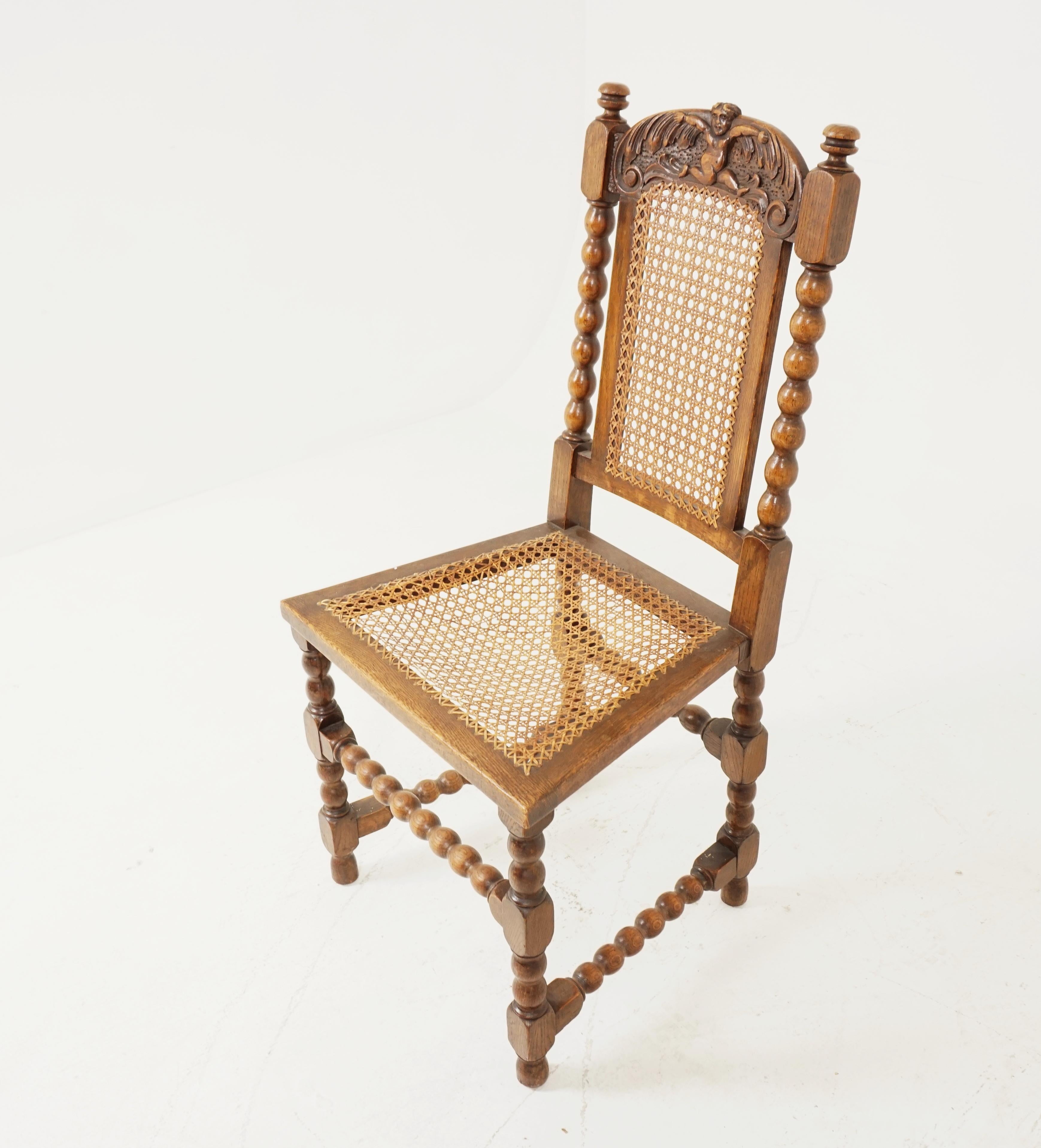 Pair Of Carved Oak Bobbin Leg Cane Seat Occasional Chairs, Scotland 1910, B2453 

Scotland 1910
Solid Oak
Original Finish
Carved 