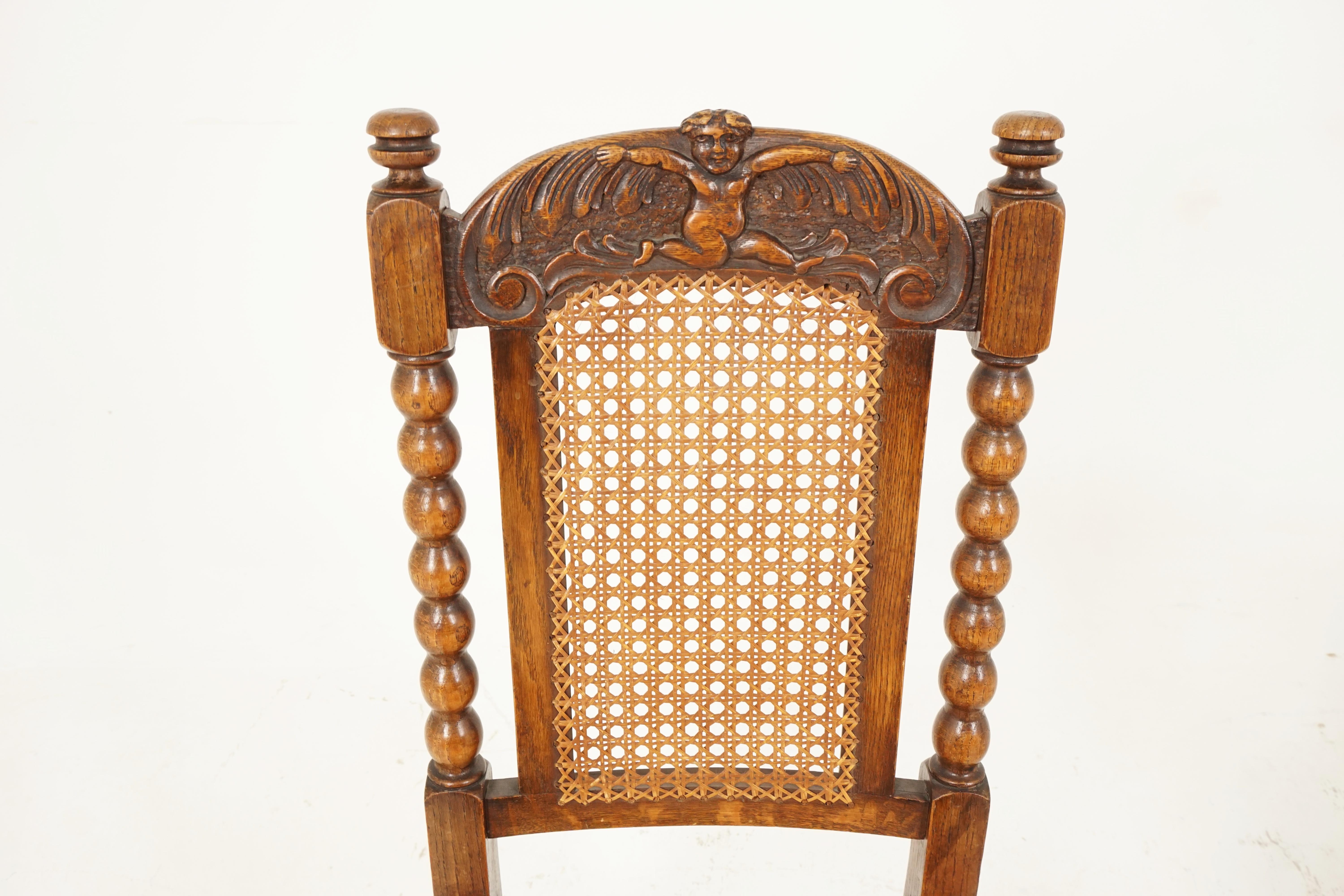 Scottish Pair of Carved Oak Bobbin Leg Cane Seat Occasional Chairs, Scotland 1910, B2453