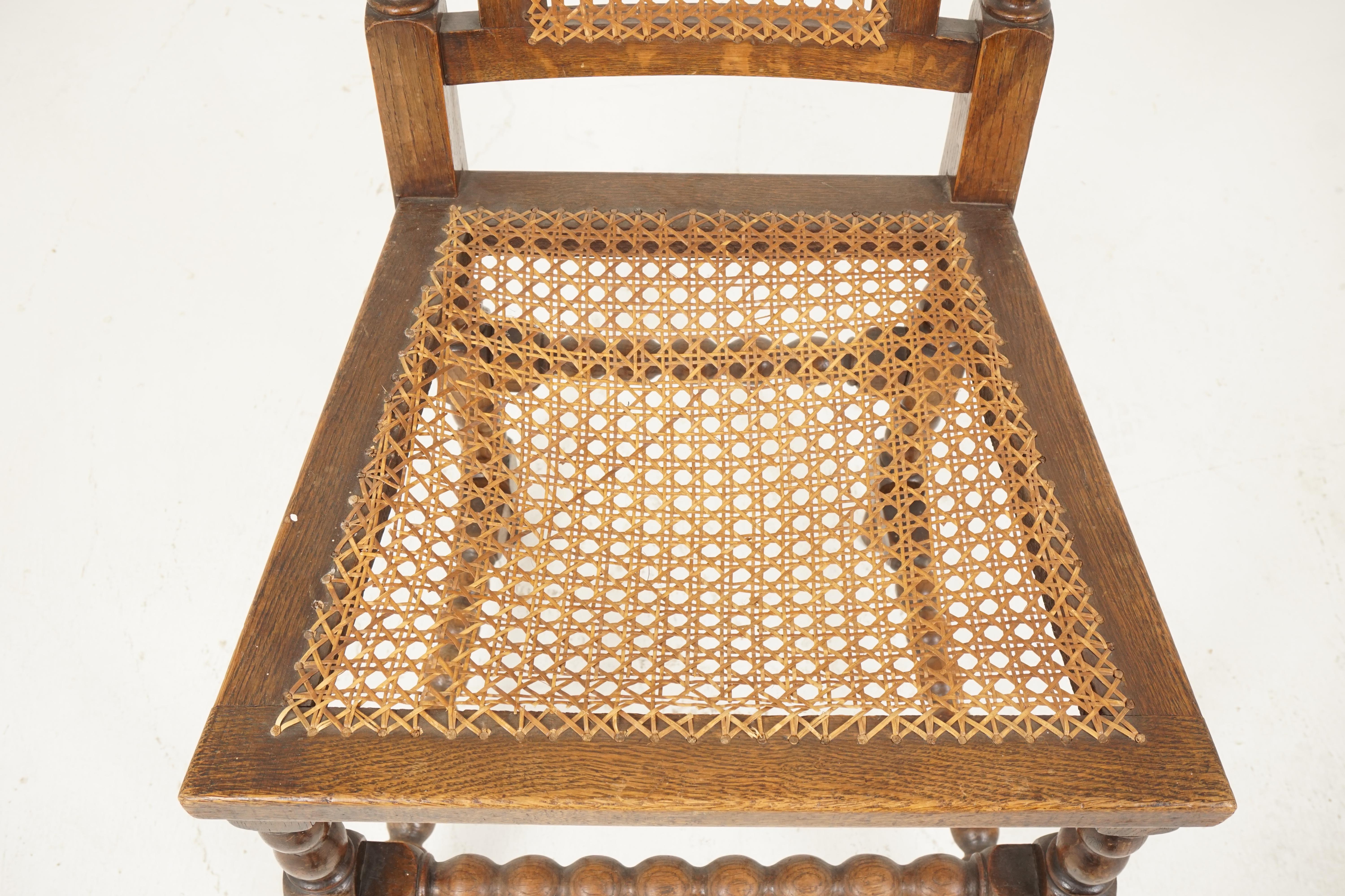 Hand-Crafted Pair of Carved Oak Bobbin Leg Cane Seat Occasional Chairs, Scotland 1910, B2453