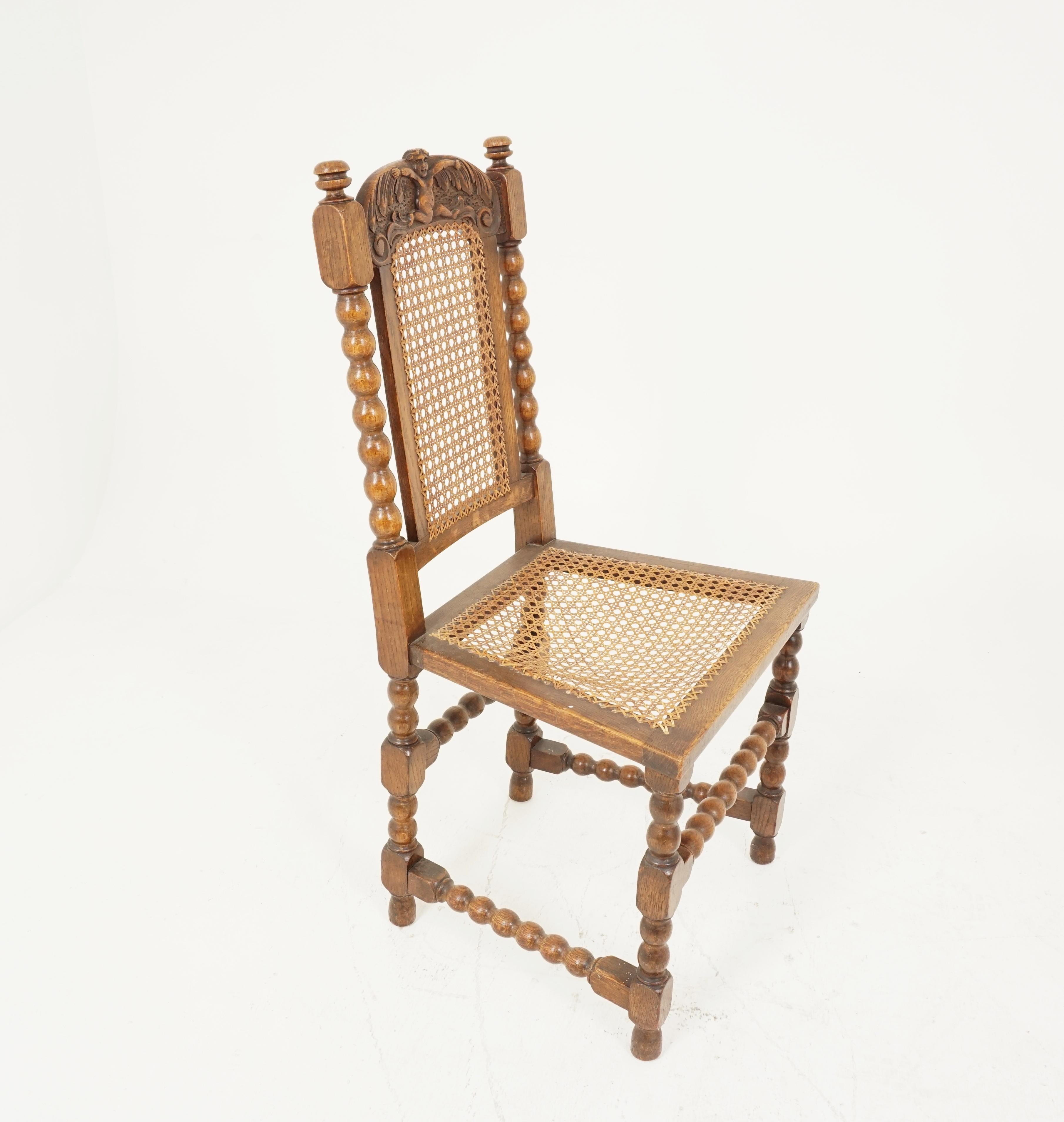 Early 20th Century Pair of Carved Oak Bobbin Leg Cane Seat Occasional Chairs, Scotland 1910, B2453