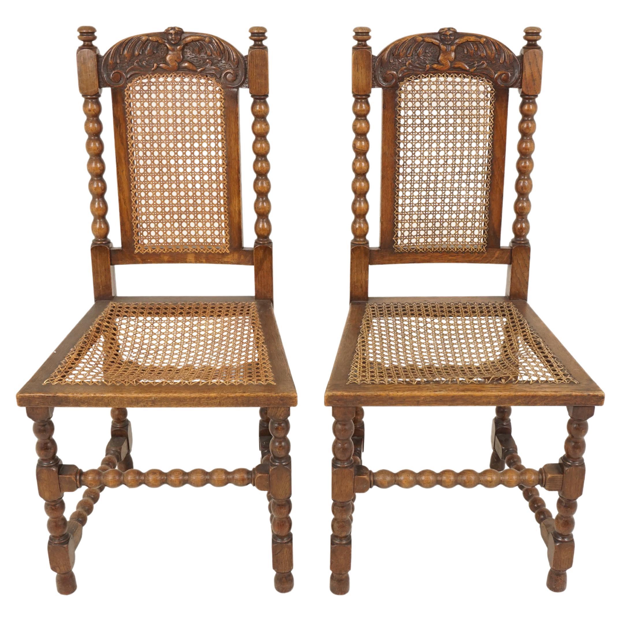 Pair of Carved Oak Bobbin Leg Cane Seat Occasional Chairs, Scotland 1910, B2453