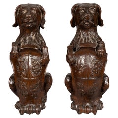 Antique Pair Of Carved Oak Figures Of Seated Dogs With Shields