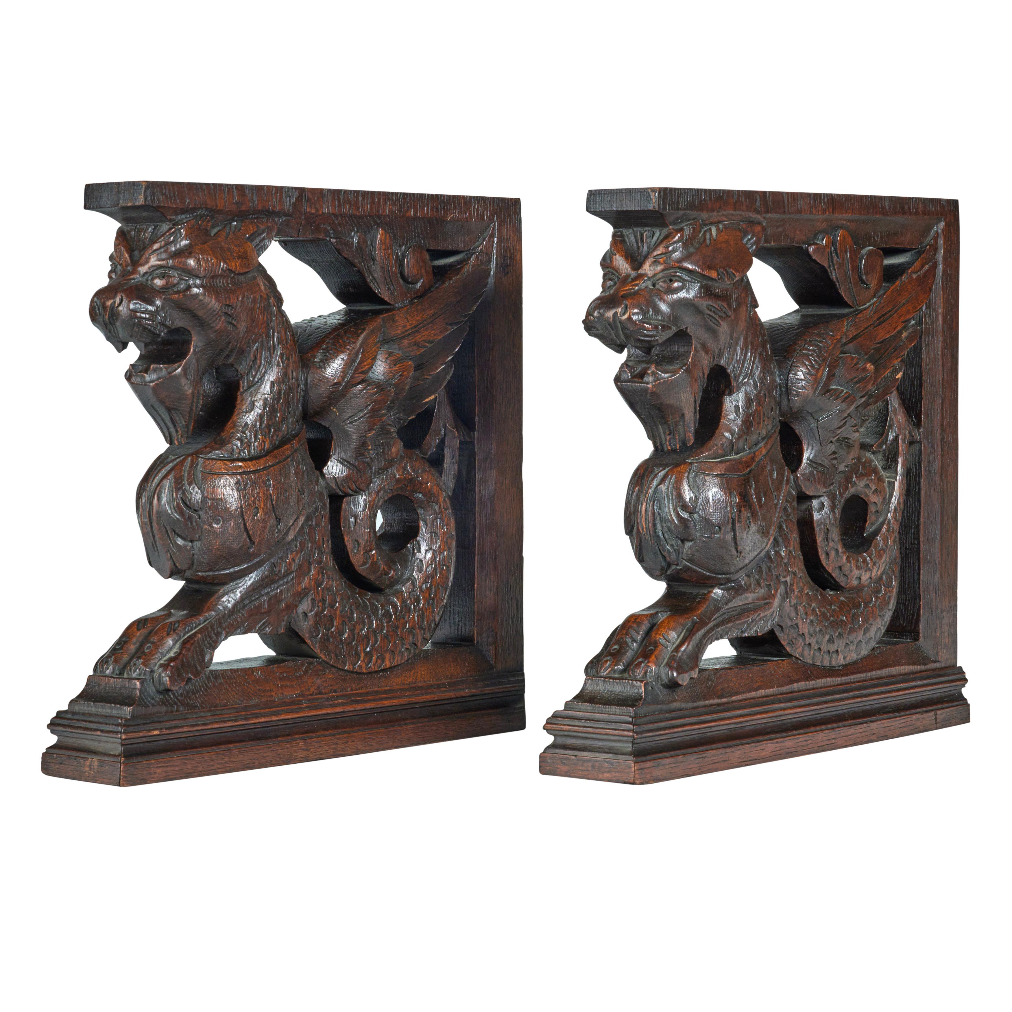 French Pair of Carved Oak Griffin Brackets For Sale