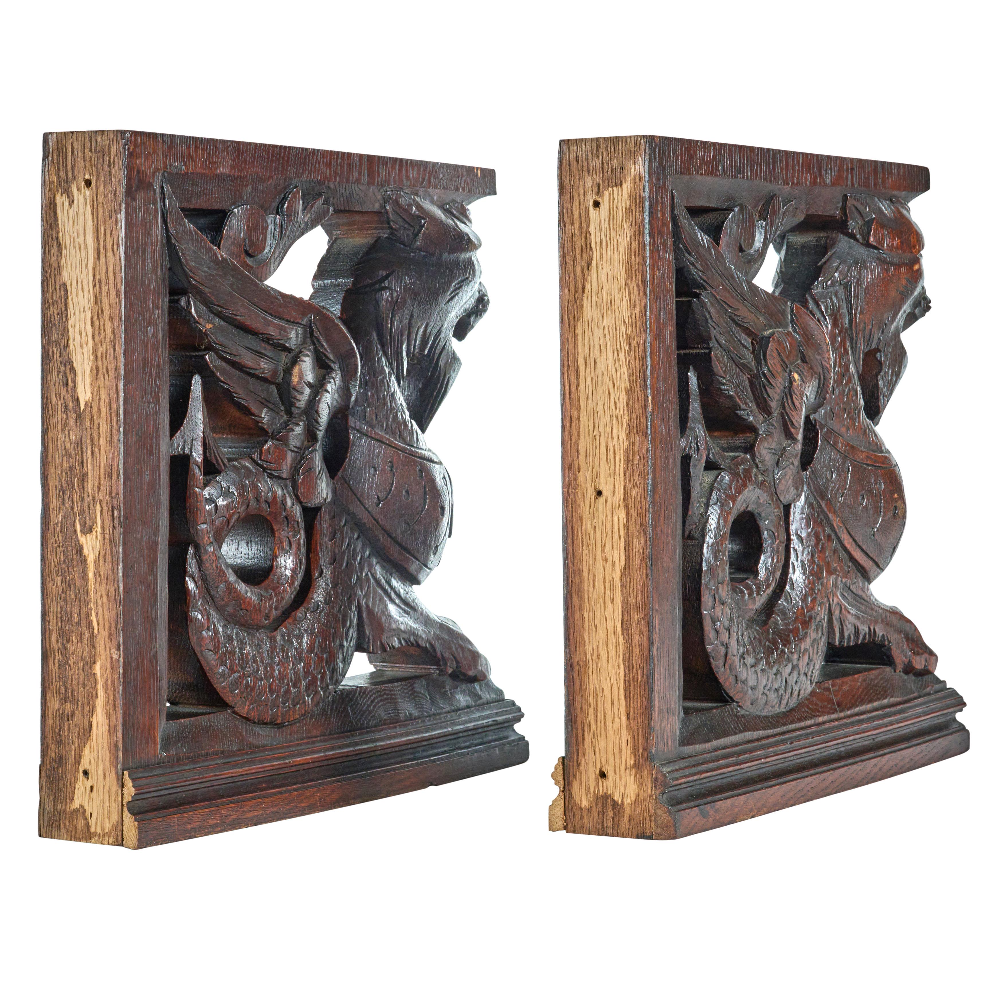 Pair of Carved Oak Griffin Brackets For Sale 2