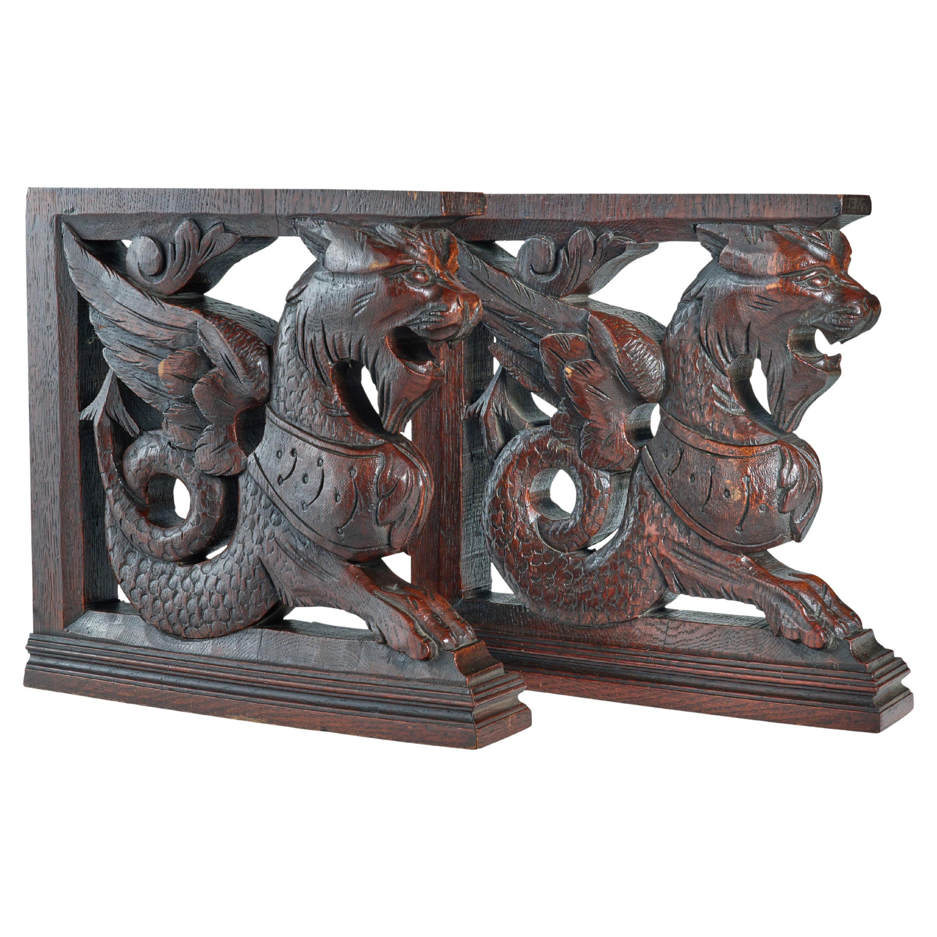 Pair of Carved Oak Griffin Brackets For Sale