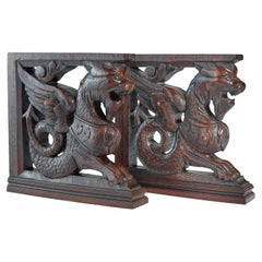Antique Pair of Carved Oak Griffin Brackets