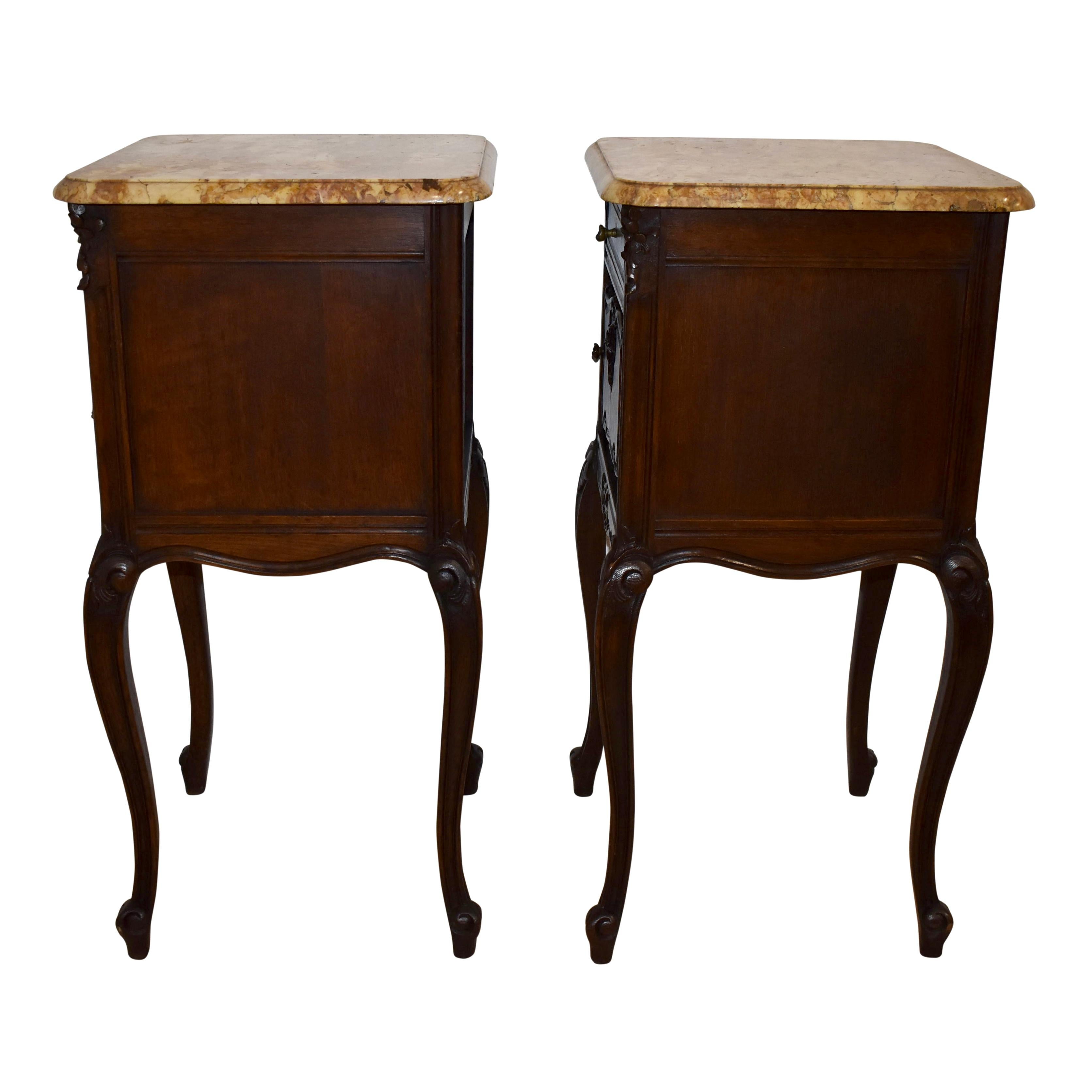 Pair of Carved Oak Nightstand Bedside Tables with Mable Tops, Circa 1900 For Sale 3