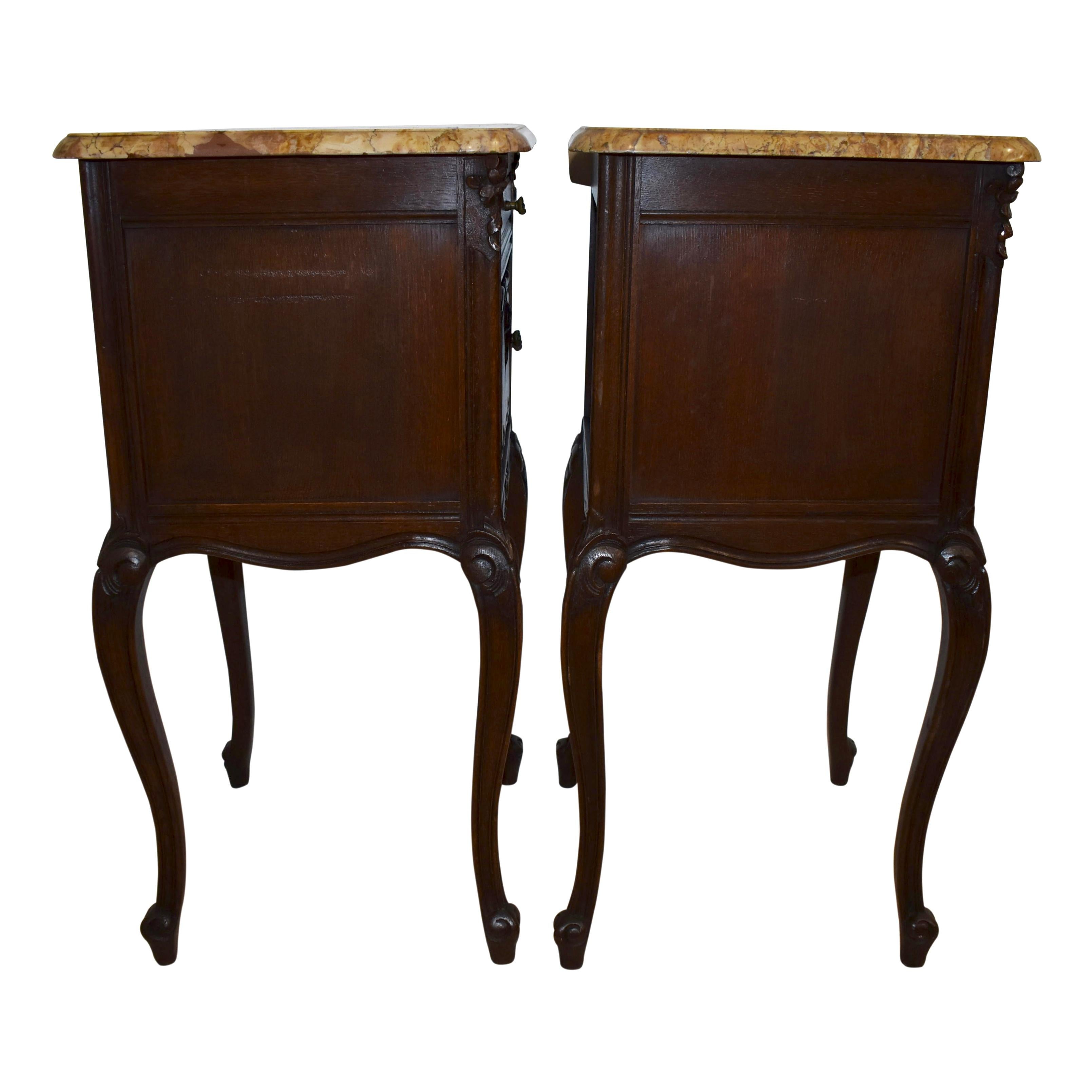 Pair of Carved Oak Nightstand Bedside Tables with Mable Tops, Circa 1900 For Sale 4